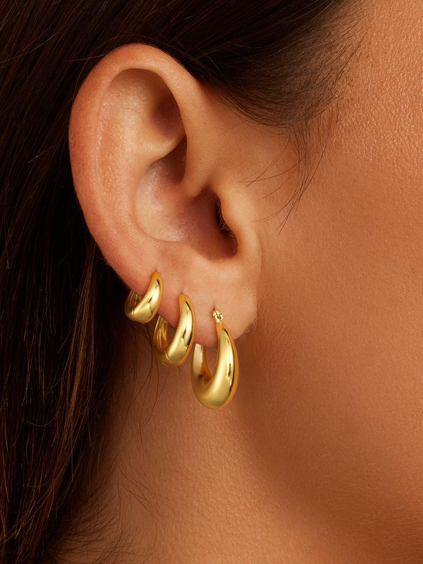 Chunky Gold Hoop Earrings for Women, 3 Pairs 14k Gold Plated/Silver Chunky Hoop Earrings Stack Set Thick Trendy Hypoallergenic Cartilage Earring for Multiple Piercing Jewelry Valentine Gift