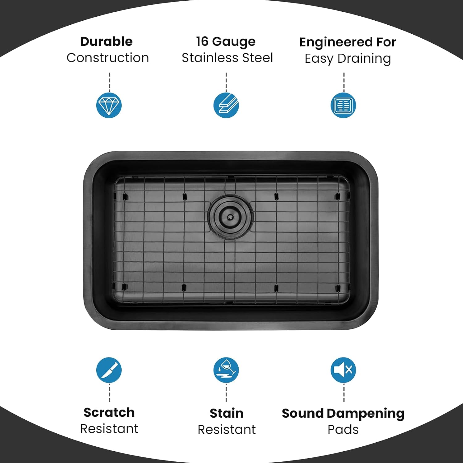 Strictly Sinks 29-3/4 Inch Undermount Kitchen Sink - 16 Gauge Single Bowl Kitchen Sink - Ideal Black Kitchen Sink with Single Strainer Drain, Bottom Grid & Roll Up Dish Drying Rack