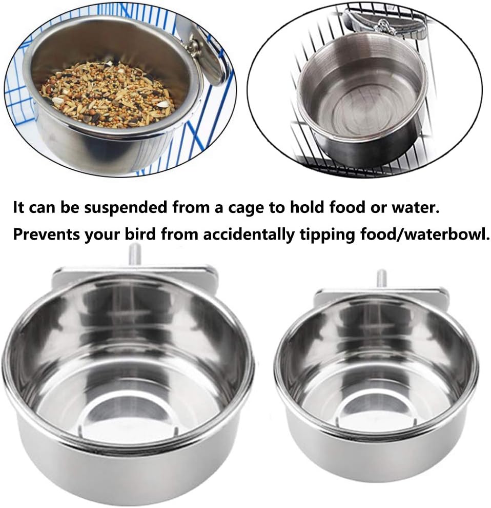 Parrot Feeding Bowls, Bird Cage Cups Holder - Stainless Steel Food and Water Dish, Bird Feeders with Clamp for Parakeet African Greys Conure Cockatiels Lovebird Budgie Chinchilla