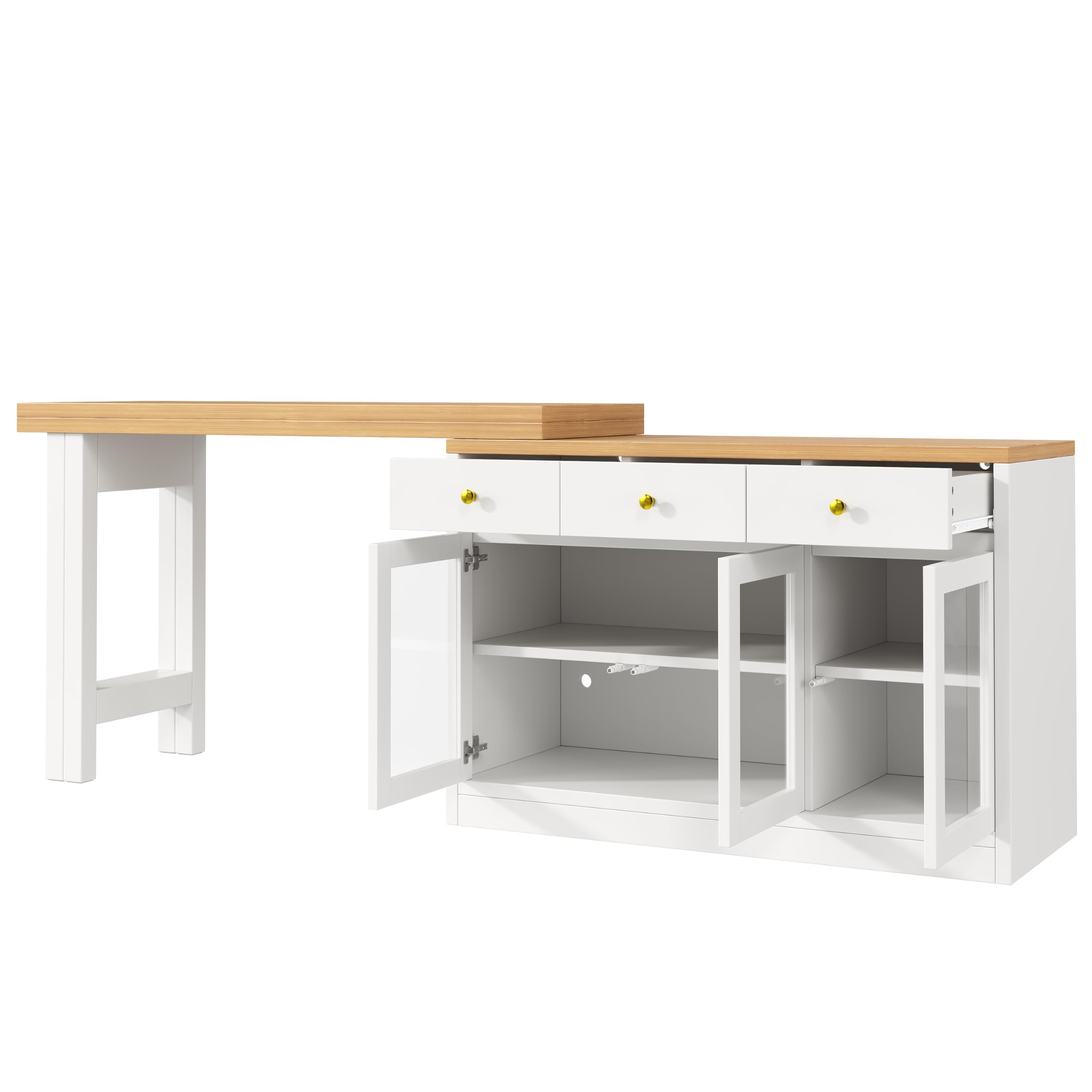 Tavolo da bar allungabile con vano portaoggetti, girevole a 360°, tavolo da pranzo pieghevole, 3 porte, 3 cassetti, isola da cucina, per soggiorno, sala da pranzo, 120-200 x 40 x 75,5 cm