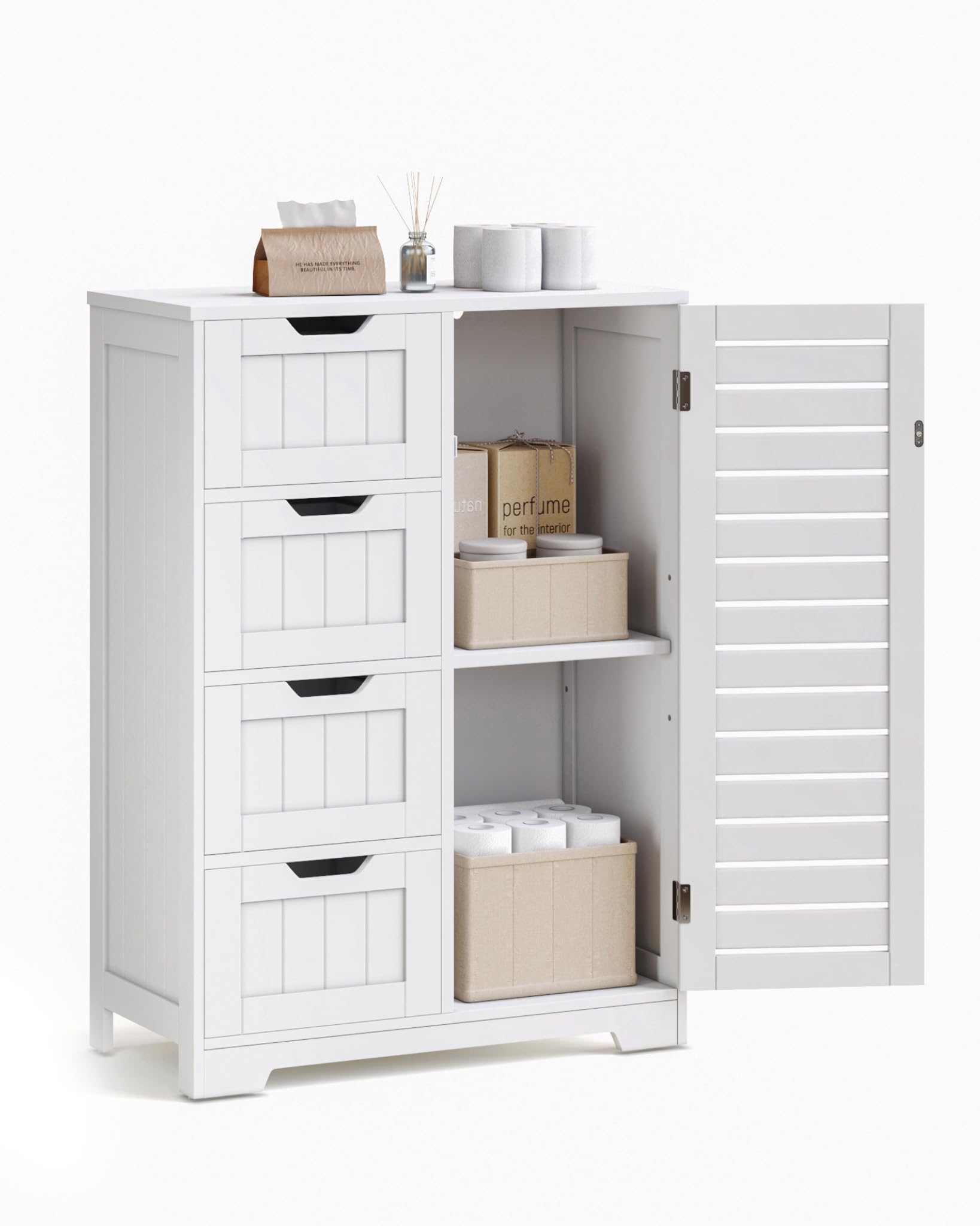 Mondeer Meuble de Salle de Bain, Armoire de Rangement avec 4 Tiroirs et 1 Persienne Porte Etagère Réglable, pour Salle de Bain Cuisine Salon, 56 x 30 x 82 cm, Blanc