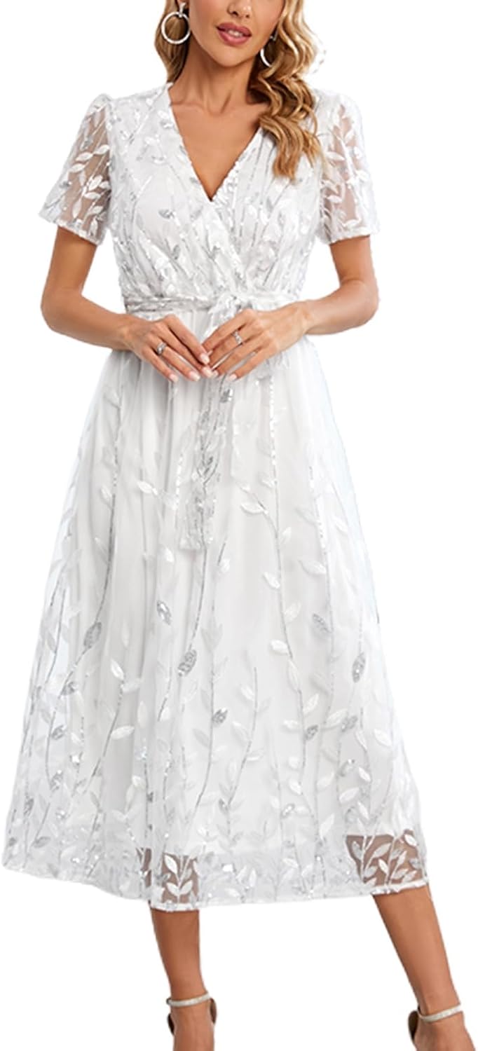 Women's Wrap Dress Short Sleeve Dresses Long High Waist V Neck Puff Sleeve Vintage Summer Evening Gown