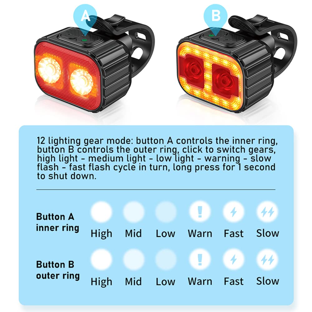TIORU 1 Paio di Luci per Bici Q4 LED Bicicletta Anteriore Posteriore Luce USB Carica Faro Ciclismo Fanale Posteriore Bicicletta Lanterna Accessori per Biciclette Lampade