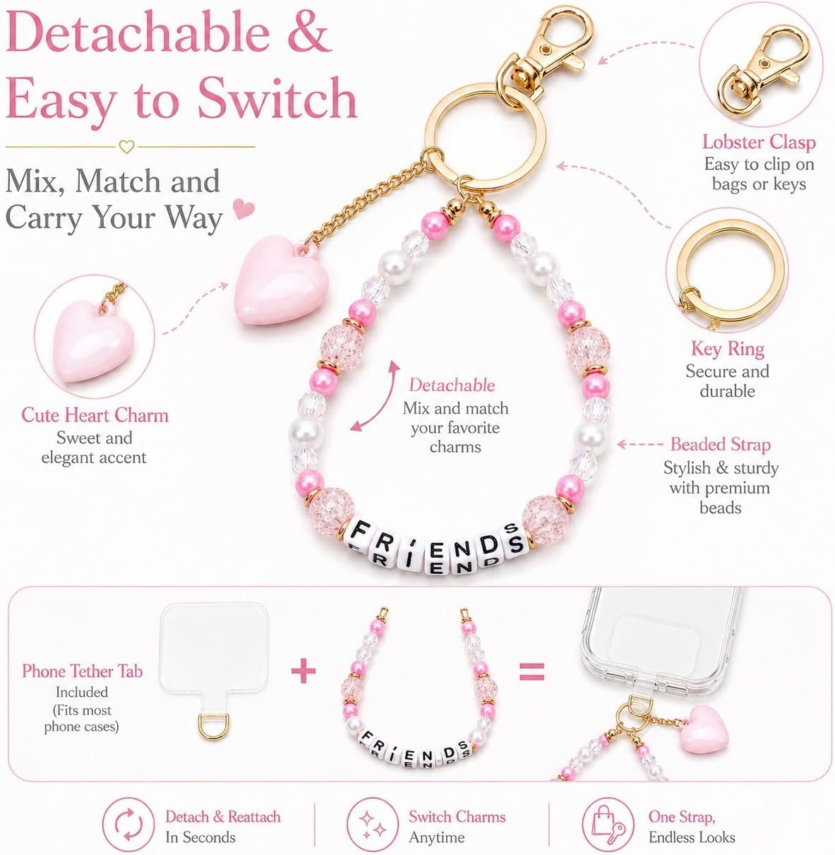 Best Friends Beaded Phone Chain for Women Cute Phone Charm Wrist Strap Gift image 3