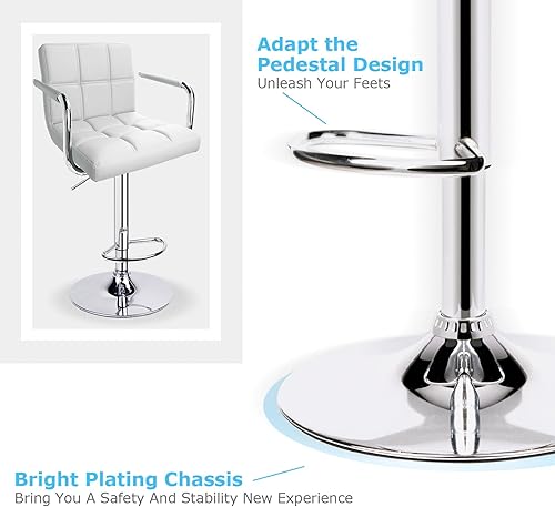 Miniatura 9 de Leopard Taburetes de bar ajustables con reposabrazos, respaldo cuadrado, doble costura giratoria con taburete trasero, juego de 2 (blanco)