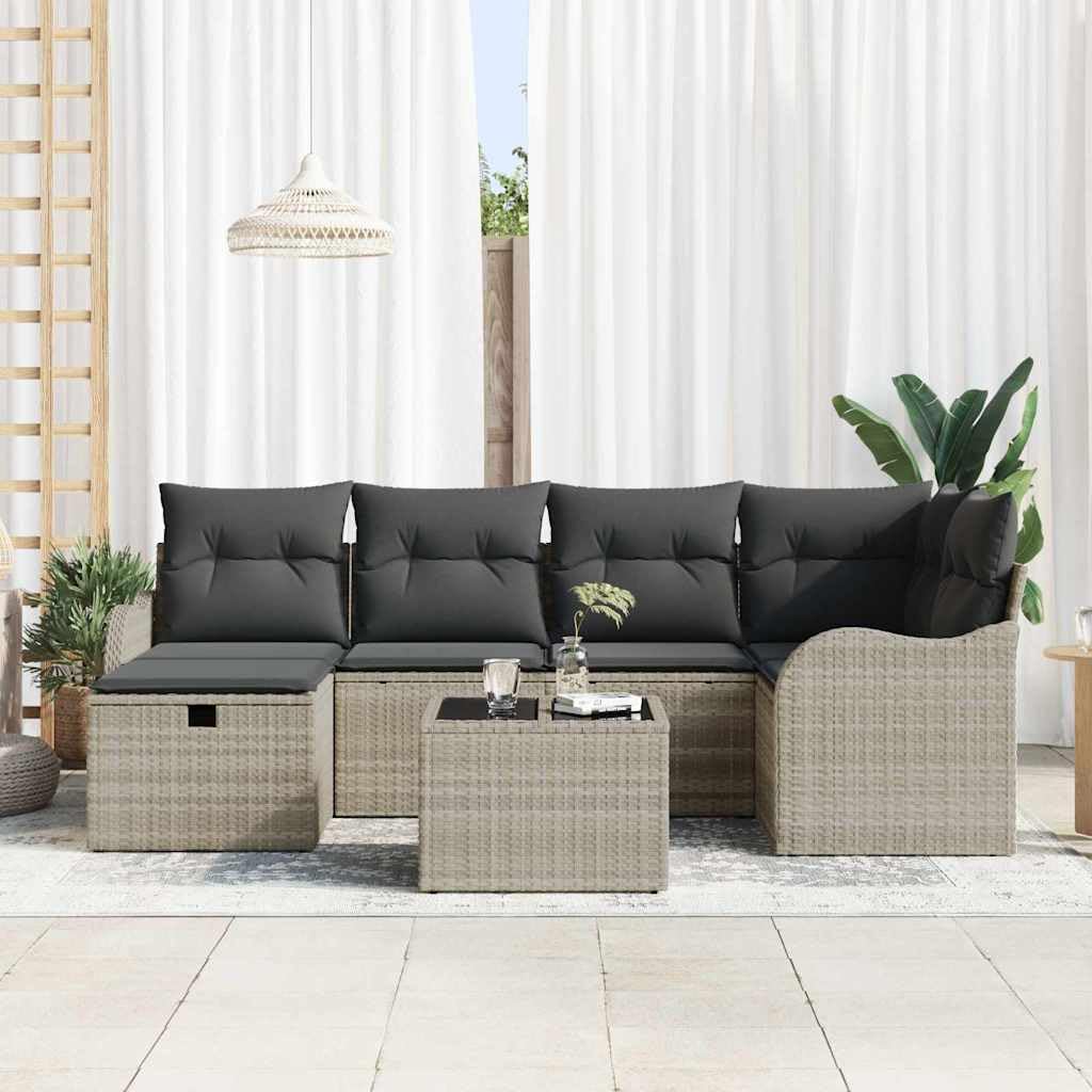 Set Divano da Giardino 7 Pezzi Grigio Chiaro Polyrattan Modulare con Cuscini, Angolare e Poltrone con Contenitore, Durevole e Leggero per Terrazza Patio Giardino Esterno Estivo 232x122x85 cm