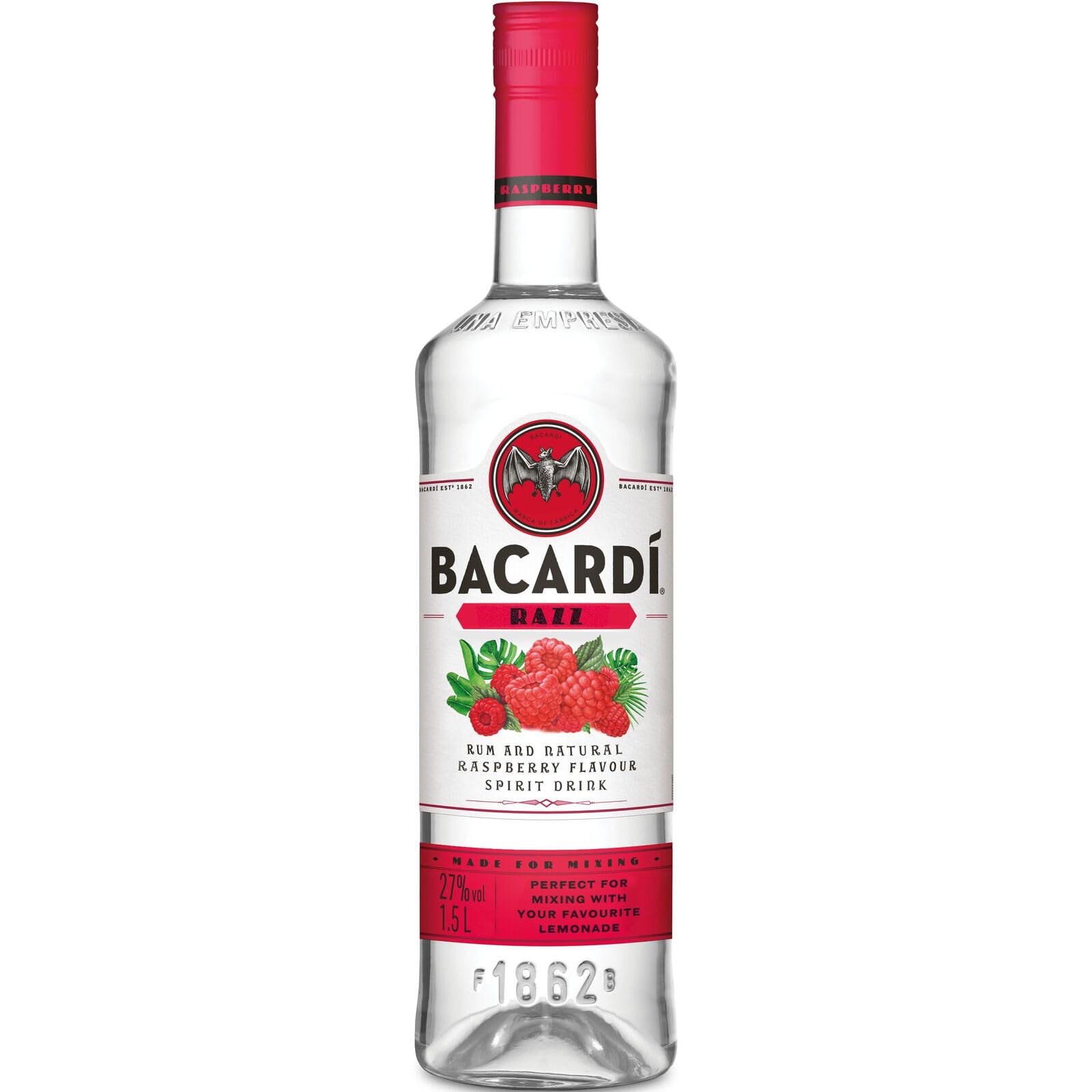 BACARDÍ Razz, 27% Vol., 150 cl / 1.5 L, weißer Rum mit spritzigem Himbeergeschmack, weiche Noten reifer Himbeeren und saftige, herbe Zitrusfrucht