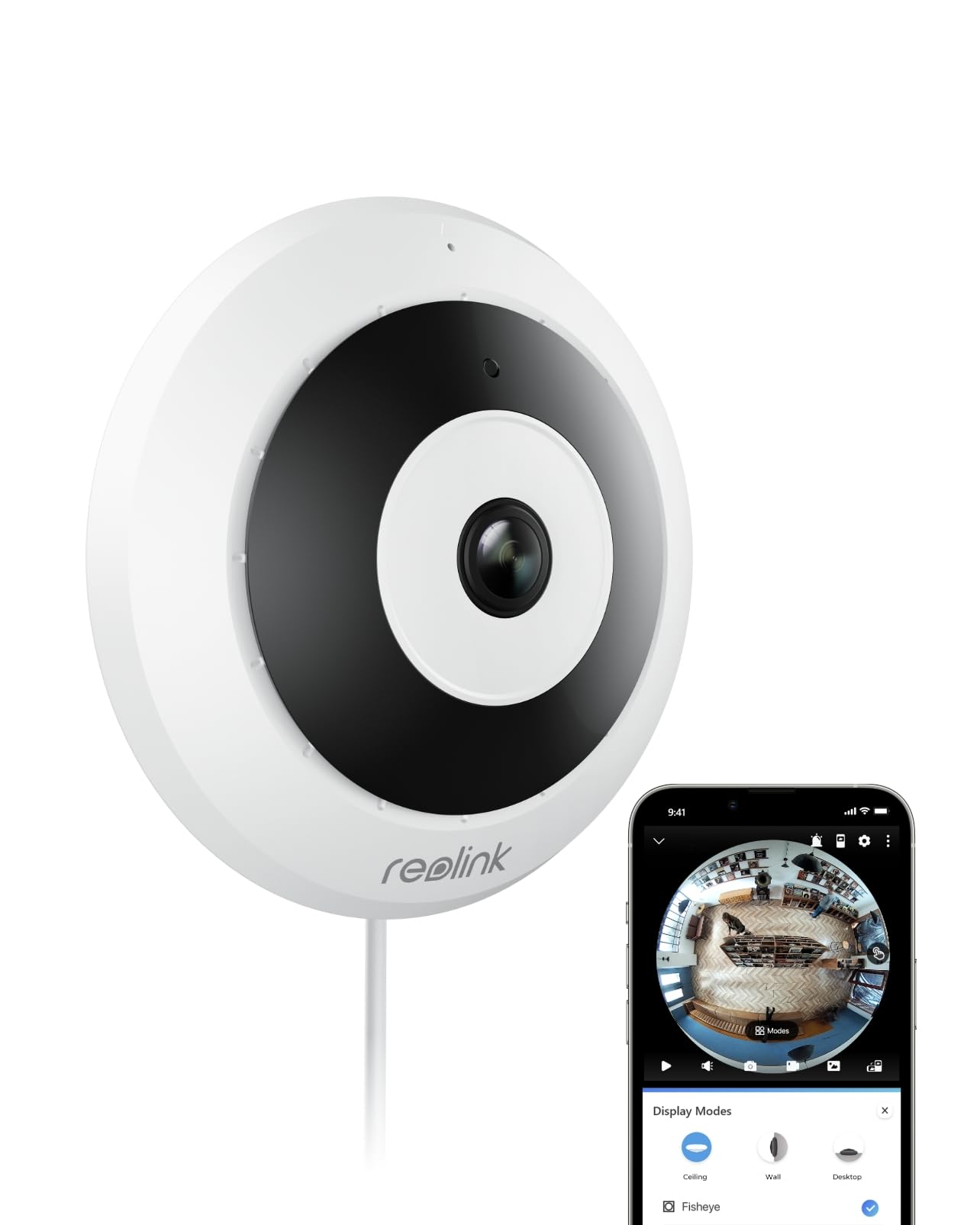 REOLINK WiFi Security Fisheye Camera, 2K+ 6MP 360° Panorama, 2.4/5GHz WiFi Indoor Wireless Security Camera, Person Motion Detection, Ceiling/Wall/Desk Mount, Supports up to 512GB microSD, FE-W (White)
