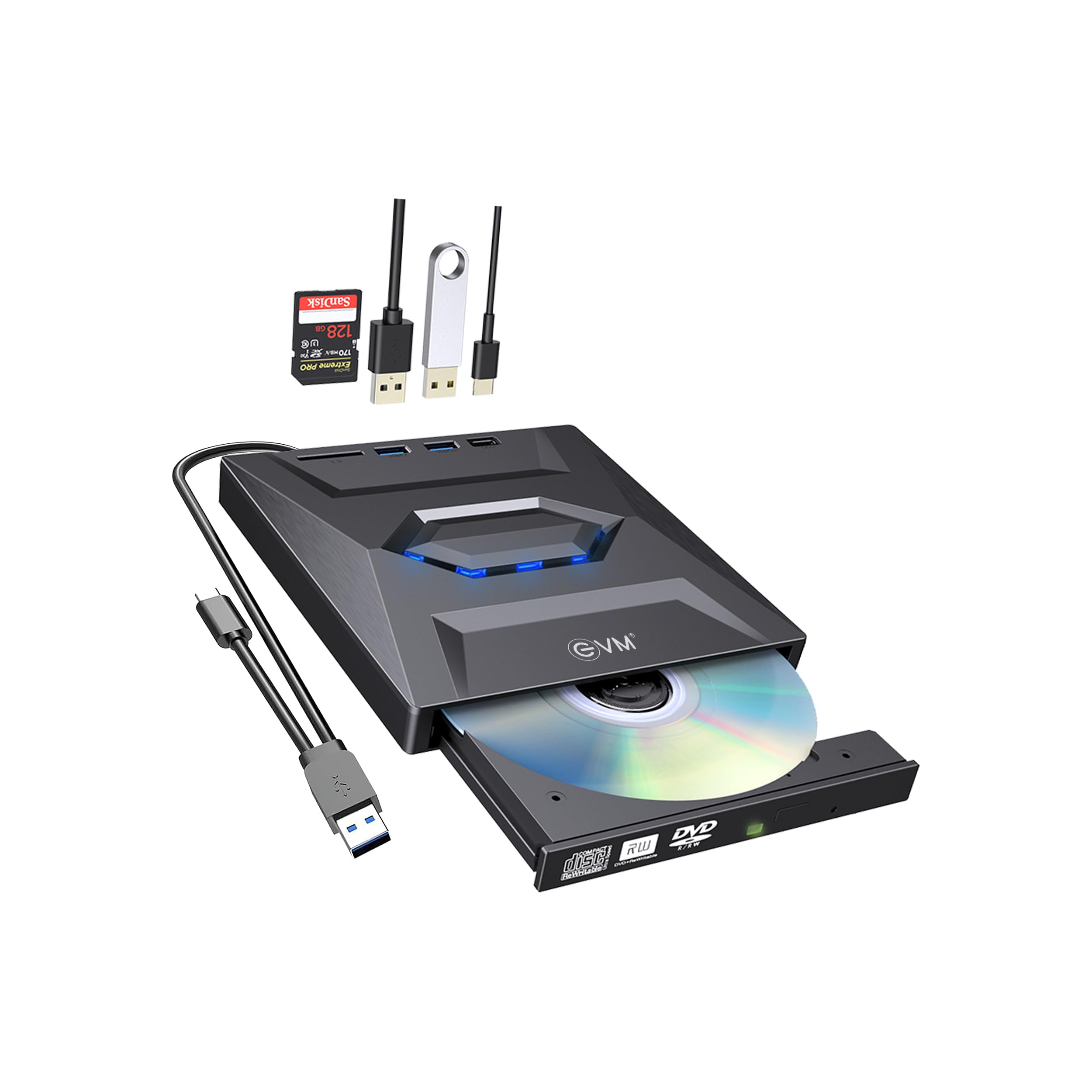 EVM USB 3.0 & Type C External CD DVD Writer RW Optical Drive CD/DVD ROM +/-RW, SD/TF Card Reader Ports, USB-C Hub for Laptop, PC, Desktop - 1 Year Warranty (ECM-EXT-CD-01)