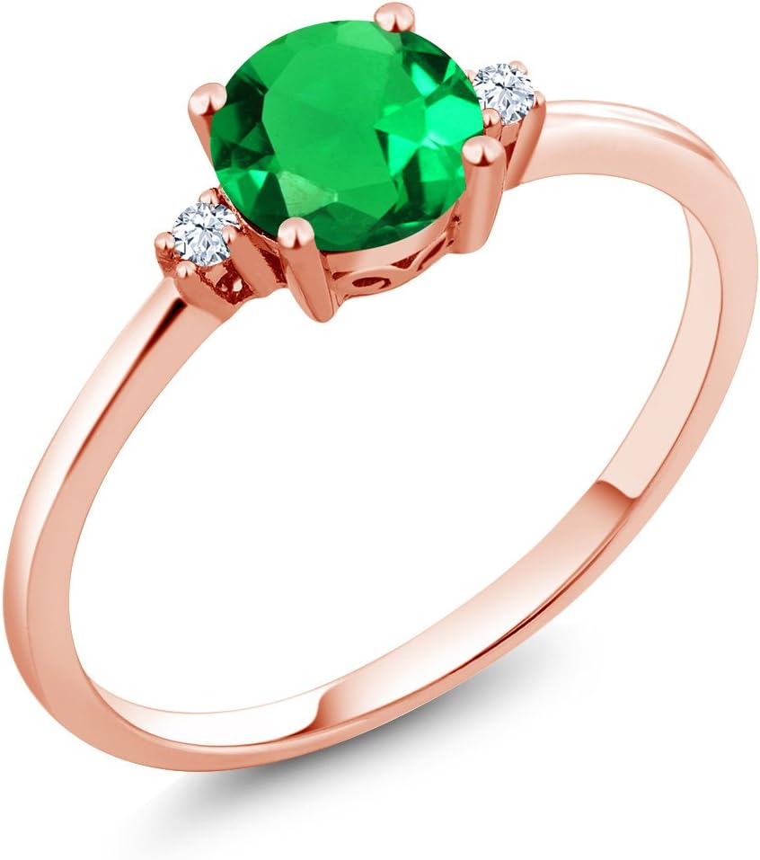 Gem Stone King 10K Rose Gold Green Nano Emerald and White Created Sapphire Solitaire Engagement Ring For Women (0.80 Cttw, Round 6MM, Gemstone May Birthstone)