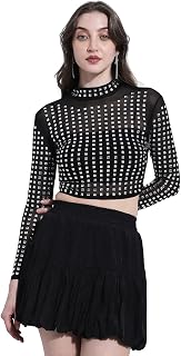 SHOWOFFFF Edition Women’s Studded Black High-Neck Mesh Crop Top-CHN-0077_Black-P Price In India