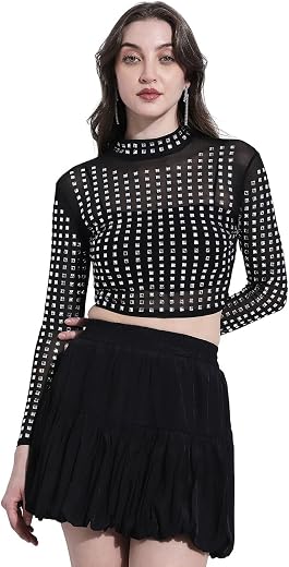 SHOWOFFFF Edition Women’s Studded Black High-Neck Mesh Crop Top-CHN-0077_Black-P
