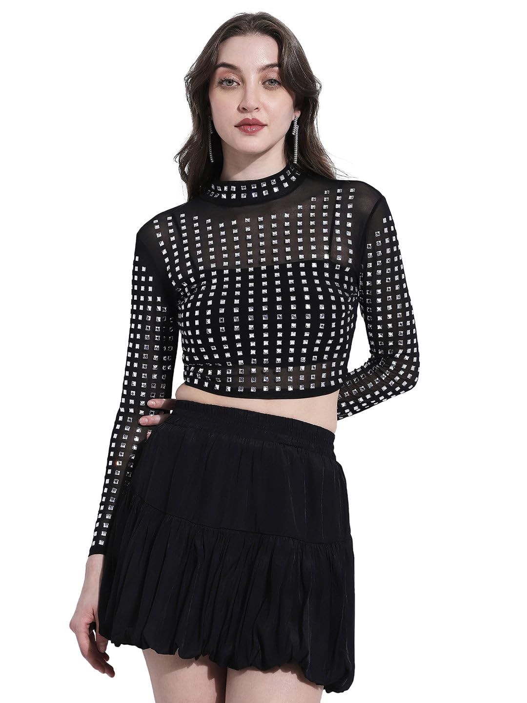 SHOWOFFFF Edition Women’s Studded Black High-Neck Mesh Crop Top-CHN-0077_Black-P