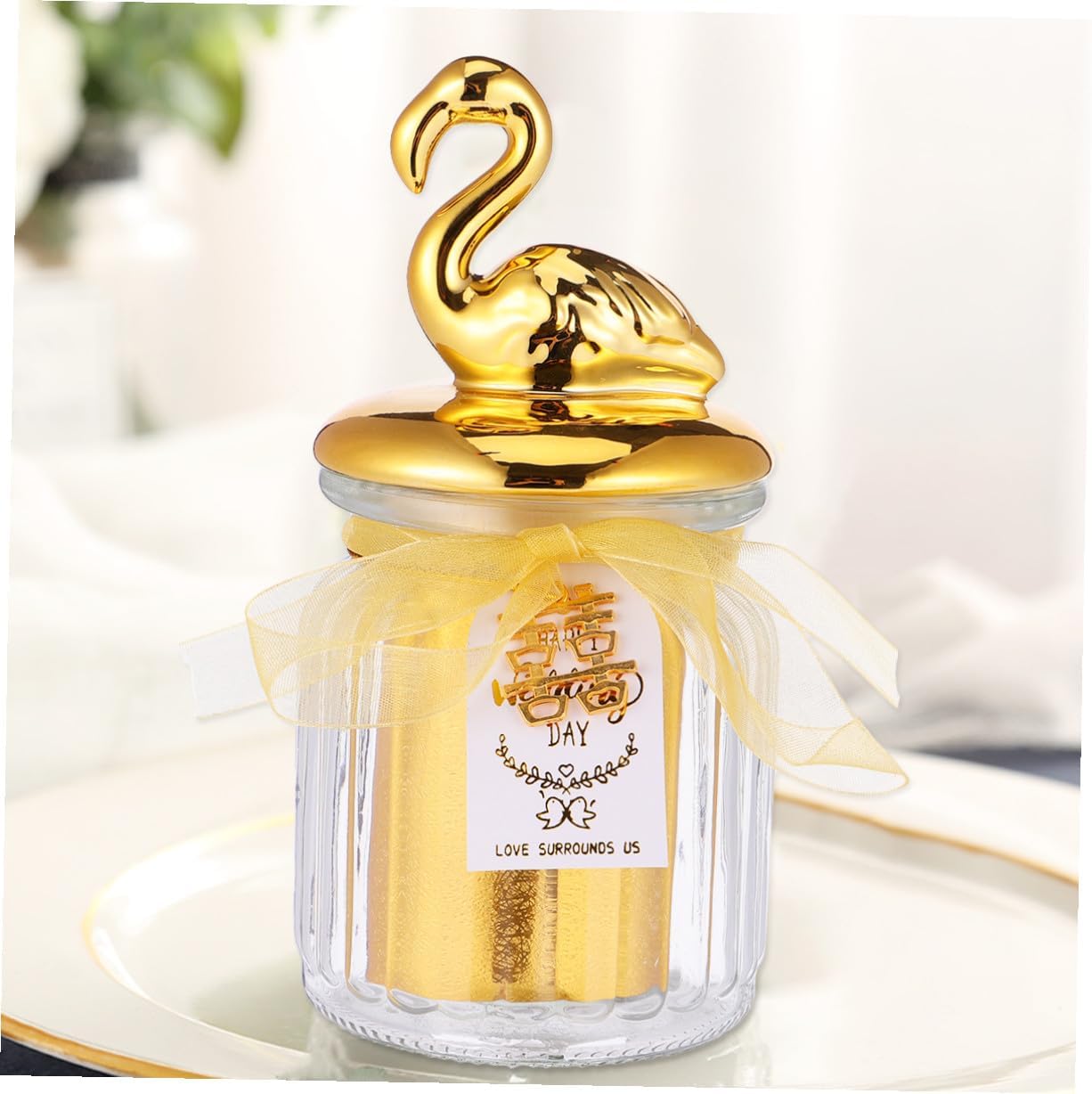 Wedding Ceramic Candy Jar with Glass Canister and Gold-plated Sealed Lid, Flamingo Animal Design, Decorative Glass Snacks Box for Wedding Favors and Candy Storage