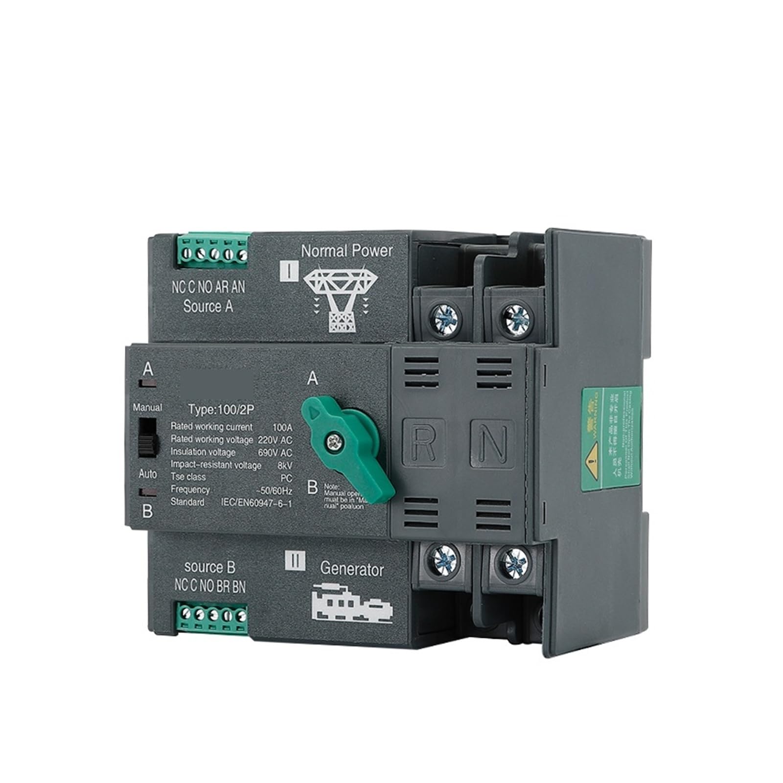 Automatischer Dual-Power-Transferschalter (keine Stromunterbrechung während des Umschaltens), 2P 63A 220V(4,32A)