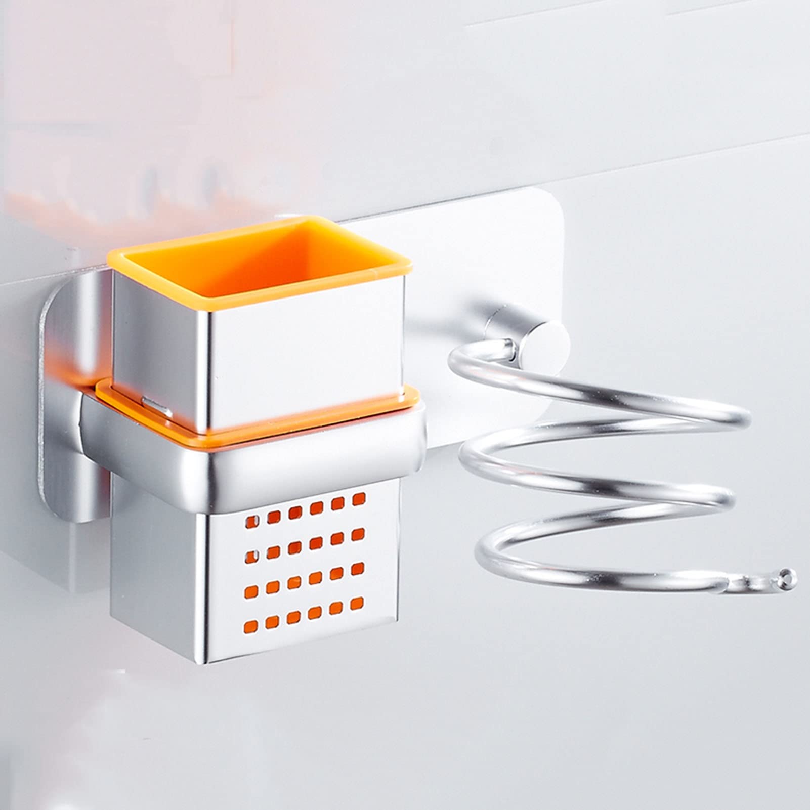 Soporte para secador de pelo montado en la pared, soporte de aluminio espacial, organizador de herramientas para el cabello para peines y clips