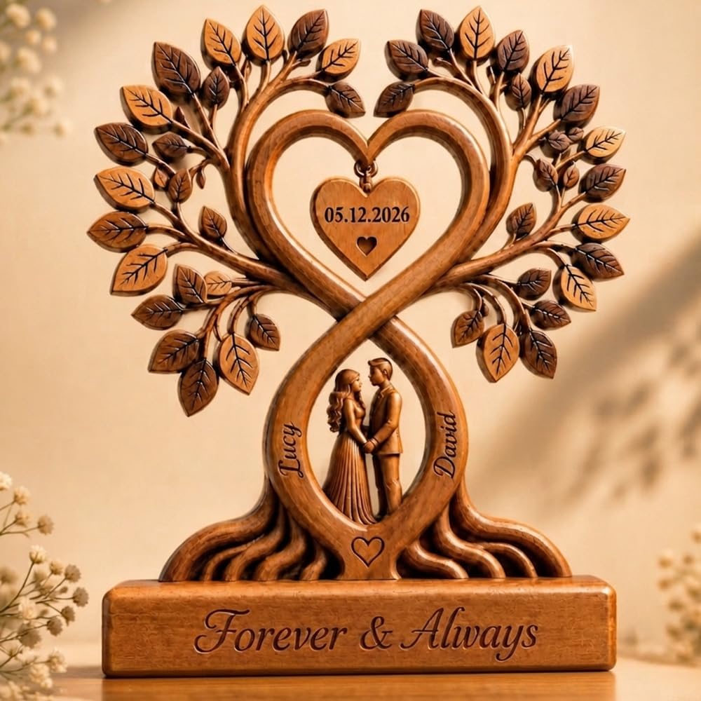 Personalised Couple Heart Tree Wooden Plaque, Custom Wooden Heart Block with Names, Anniversary Wedding Gifts for Couples Him and Her Wood Block, Wife Husband Birthday Gift, Anniversary Home Decor