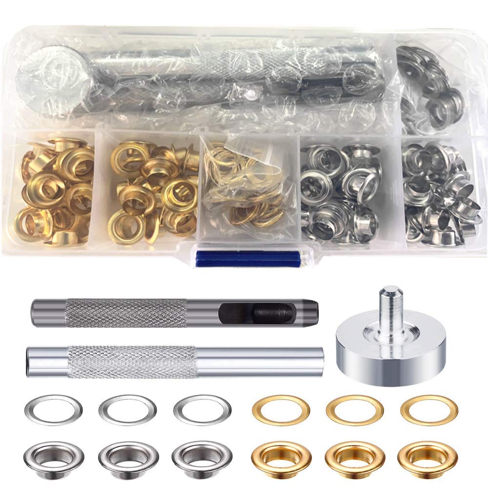 TAIANJI 100 PCS 6mm Eyelets Grommet Kit for Tarpaulin, Fabric, Curtains and Craft Making, with 100 Pair Metal Eyelets Set and Hole Punch Tool and Fastened Tool in Box