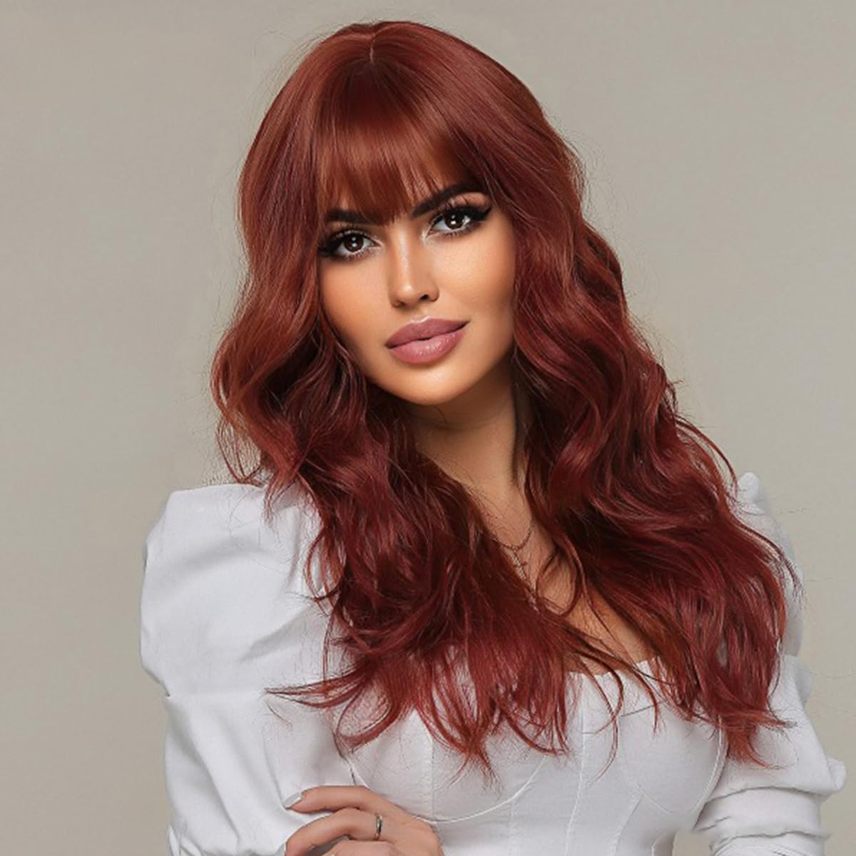 Copper Red Wig Long Curly Wig with Bangs Dark Orange Wig Synthetic Wig Red Brown Wigs Women Girls Wig Wigs with Wig Cap (24 Inch, Reddish brown)