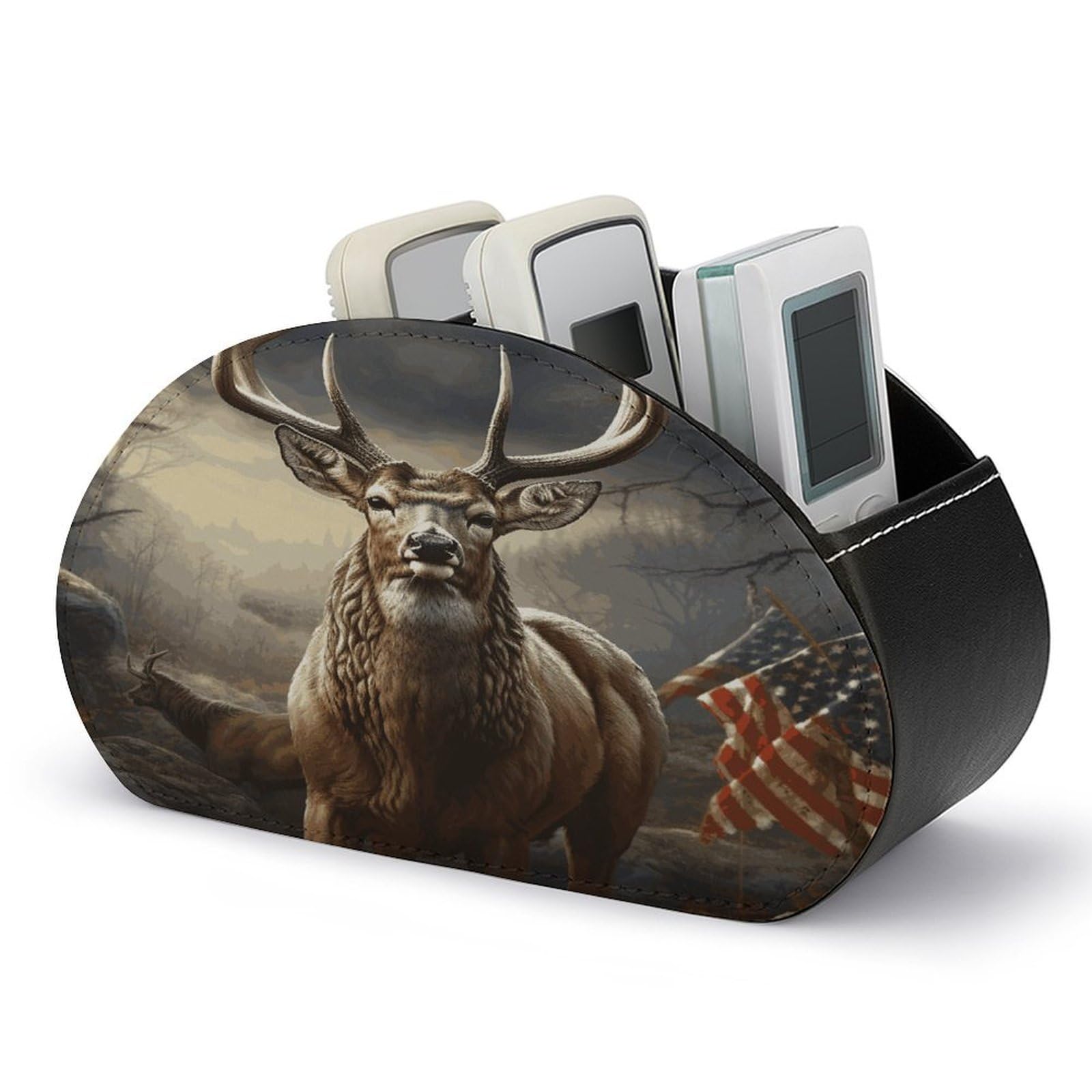 FekiLoot Deer Hunting Season Remote Control Holder with 5 Compartments Multi-functional TV Remote Caddy Organizer Leather TV Remote Holder Desktop Organizer Store for Bedside Table Office Desk