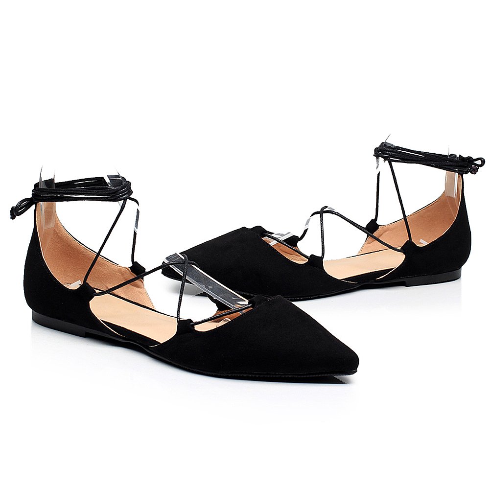 Donna Morbido Pelle Scamosciata Sintetica Piatto Appuntito Pumps Fantasia Croce con Cordoncino Ballerine
