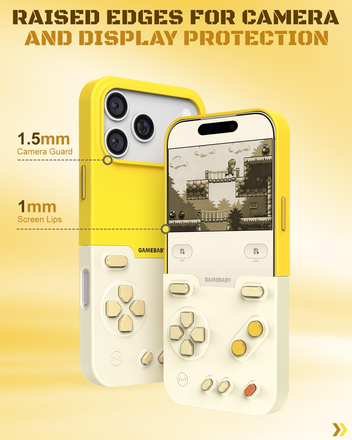 Gamebaby etui na telefon iPhone 17 Pro Max, innowacyjne etui na kontroler gier, etui na telefon komórkowy iPhone 17 Pro Max, do GBA, GBC, NES Handheld w stylu retro, żółte