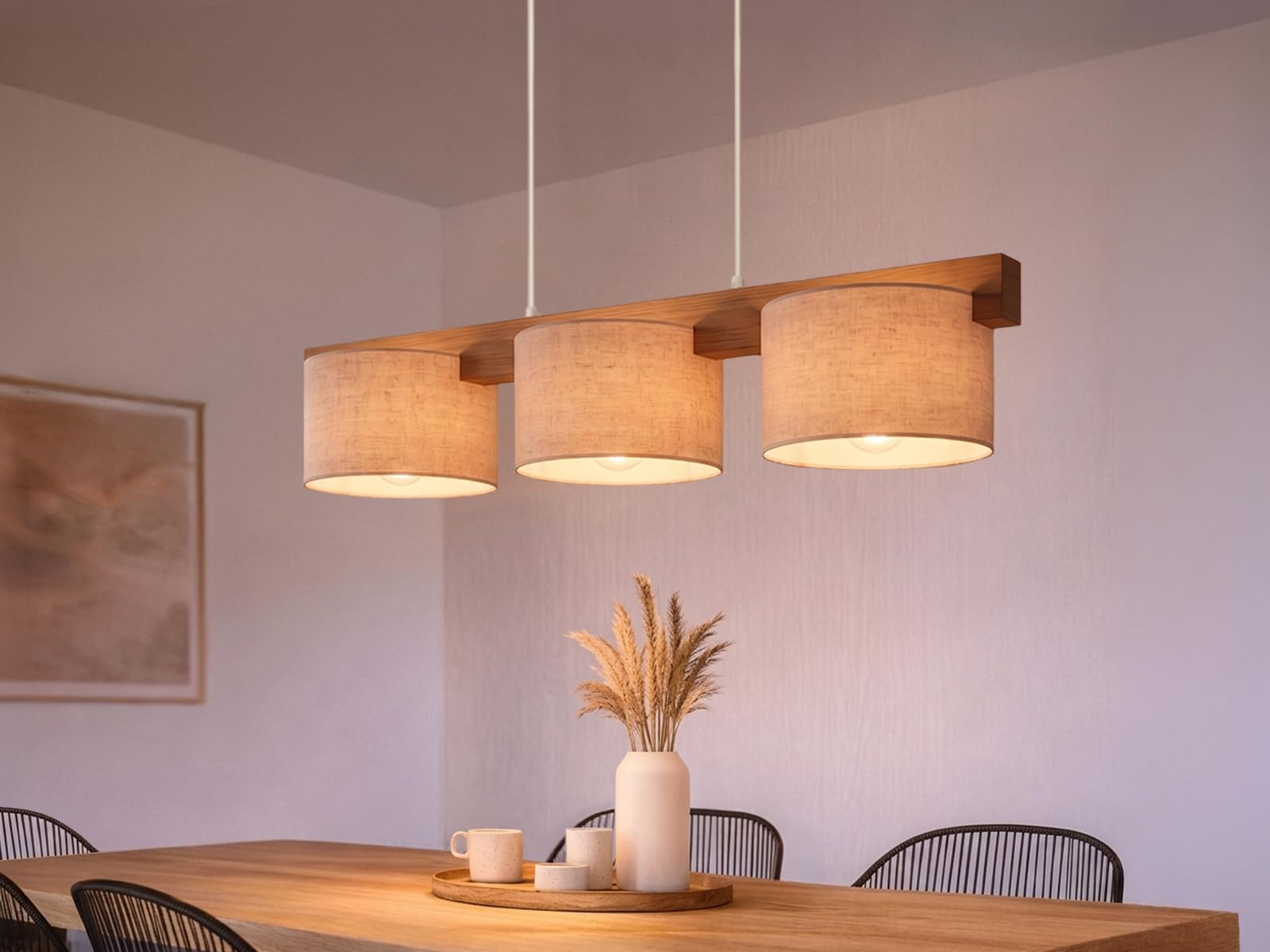meineWunschleuchte Pendelleuchte mit Holzbalken & Stoff Beige, Breite 100cm, Esstischlampe Holz 3-flammig E27 skandinavisch