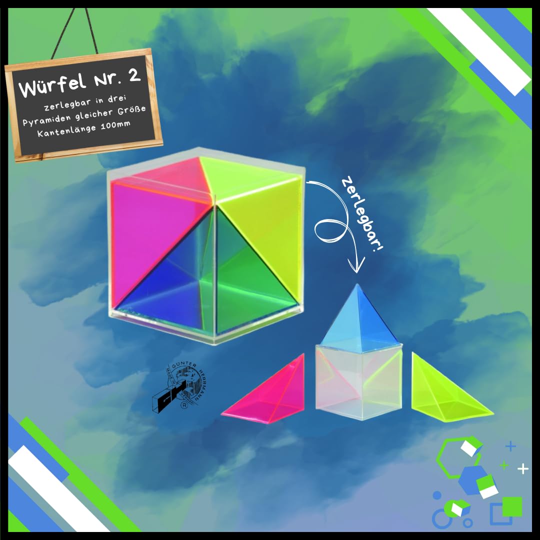 Didaktischer Würfel aus 3 Pyramiden – Transparent, farbig, 100 mm Kantenlänge, Geometrie-Modell aus Acrylglas -Mathematisches Lehrmittel – Hergestellt in Deutschland
