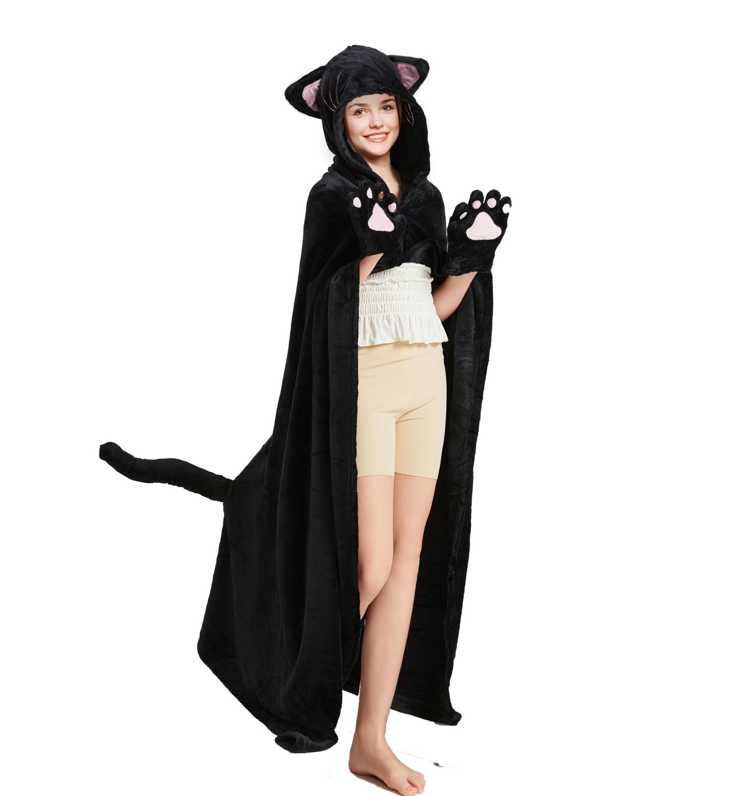 Halloween Wearable Blanket Hoodie - Black Cat & Pumpkin Design, Oversized Soft Velvet Cape For Adults
