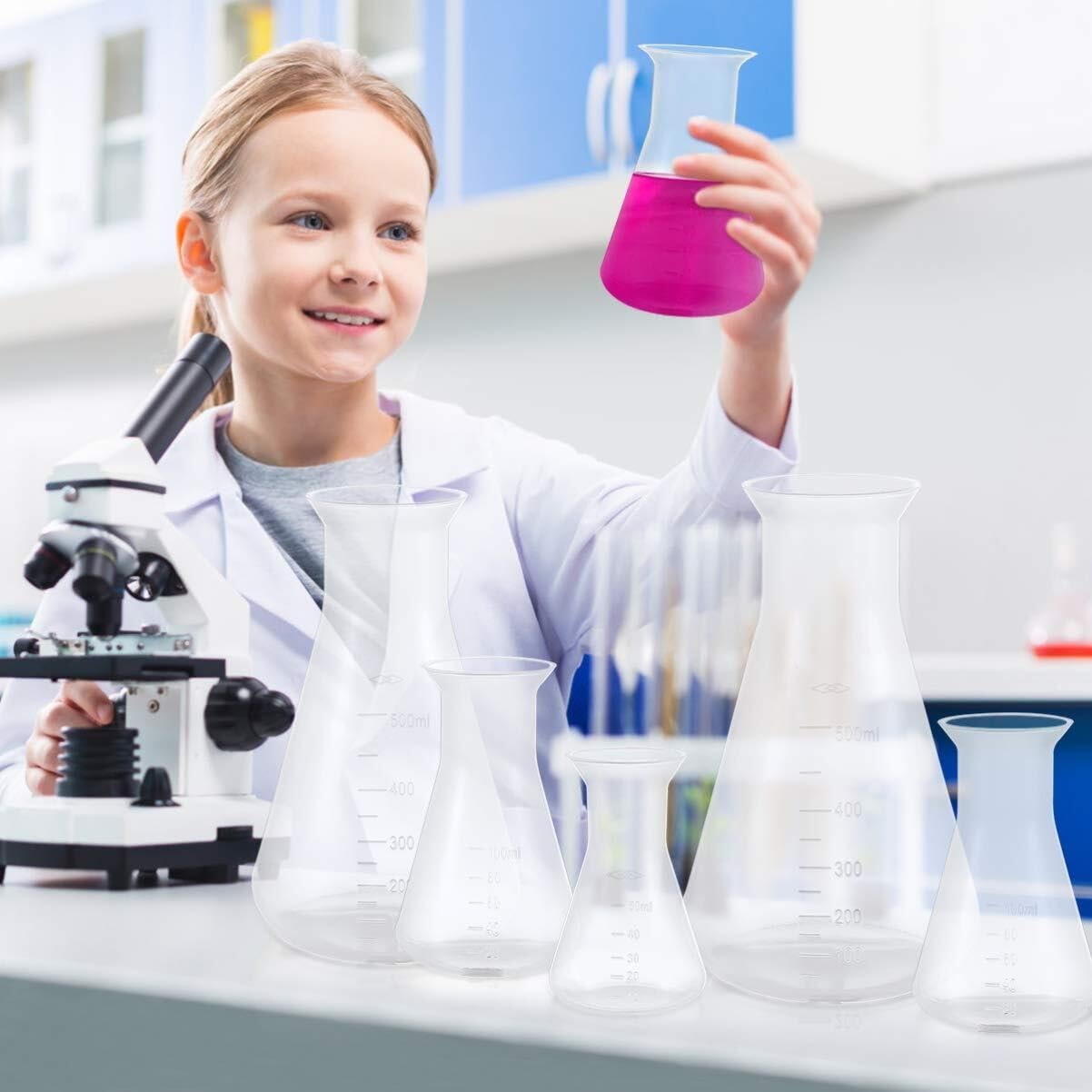 Juego de Matraces de Erlenmeyer - 3 piezas de Plástico para Laboratorio y Educación - 50ml, 100ml, 500ml