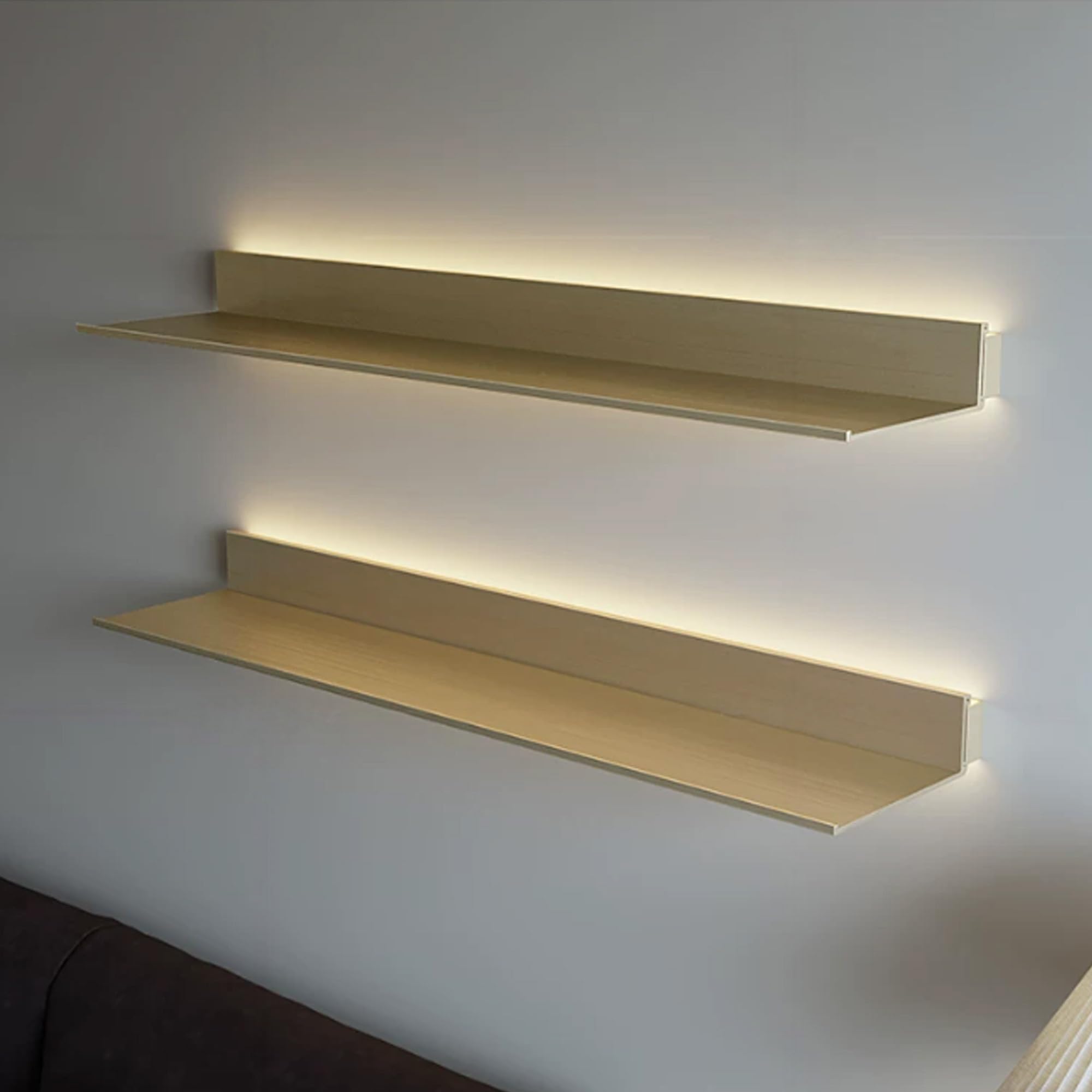 Estanteria con LED,baldas flotantes pared para exhibición y almacenamiento | Retroiluminación LED cálida, diseño flotante invisible, acero resistente, ahorro de espacio(Gold-20cm/7.8in,180cm/71in)