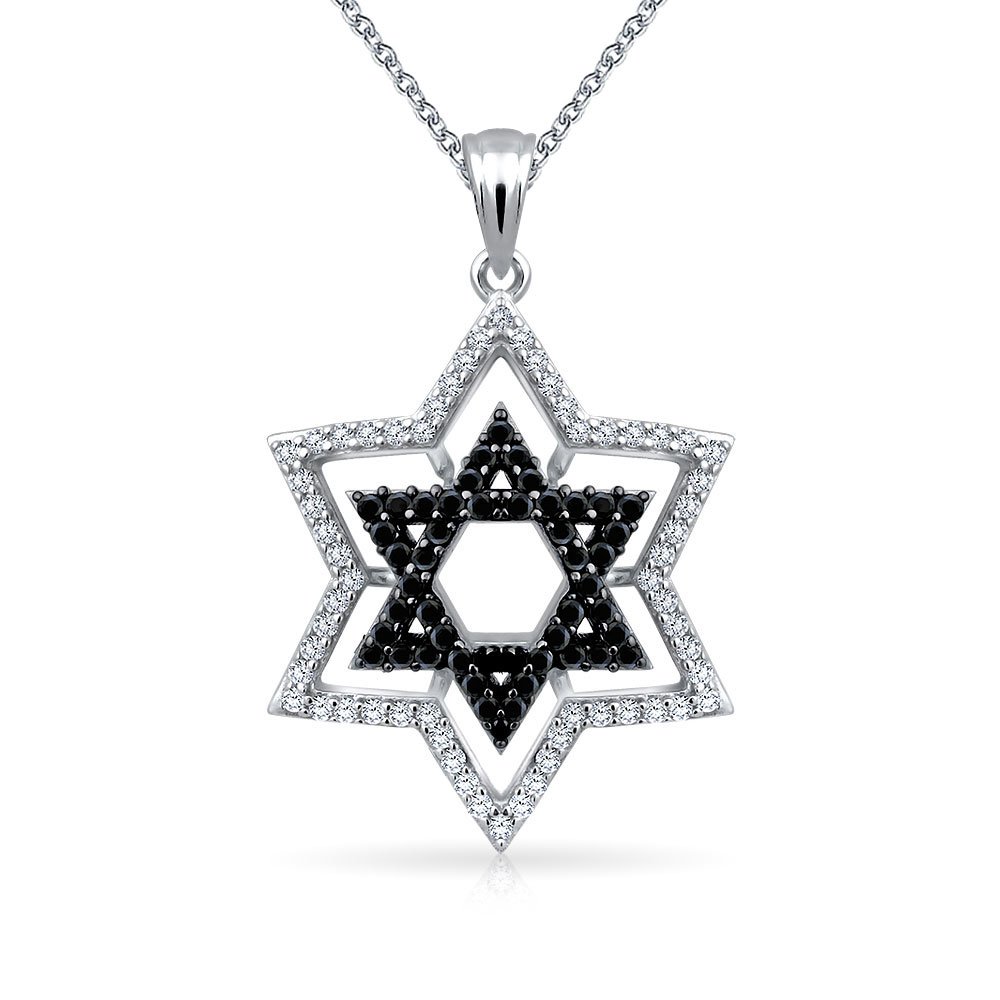 Black and White CZ Judaica Hanukkah Star of David Pendant Necklace .925 Sterling Silver for Women Teens