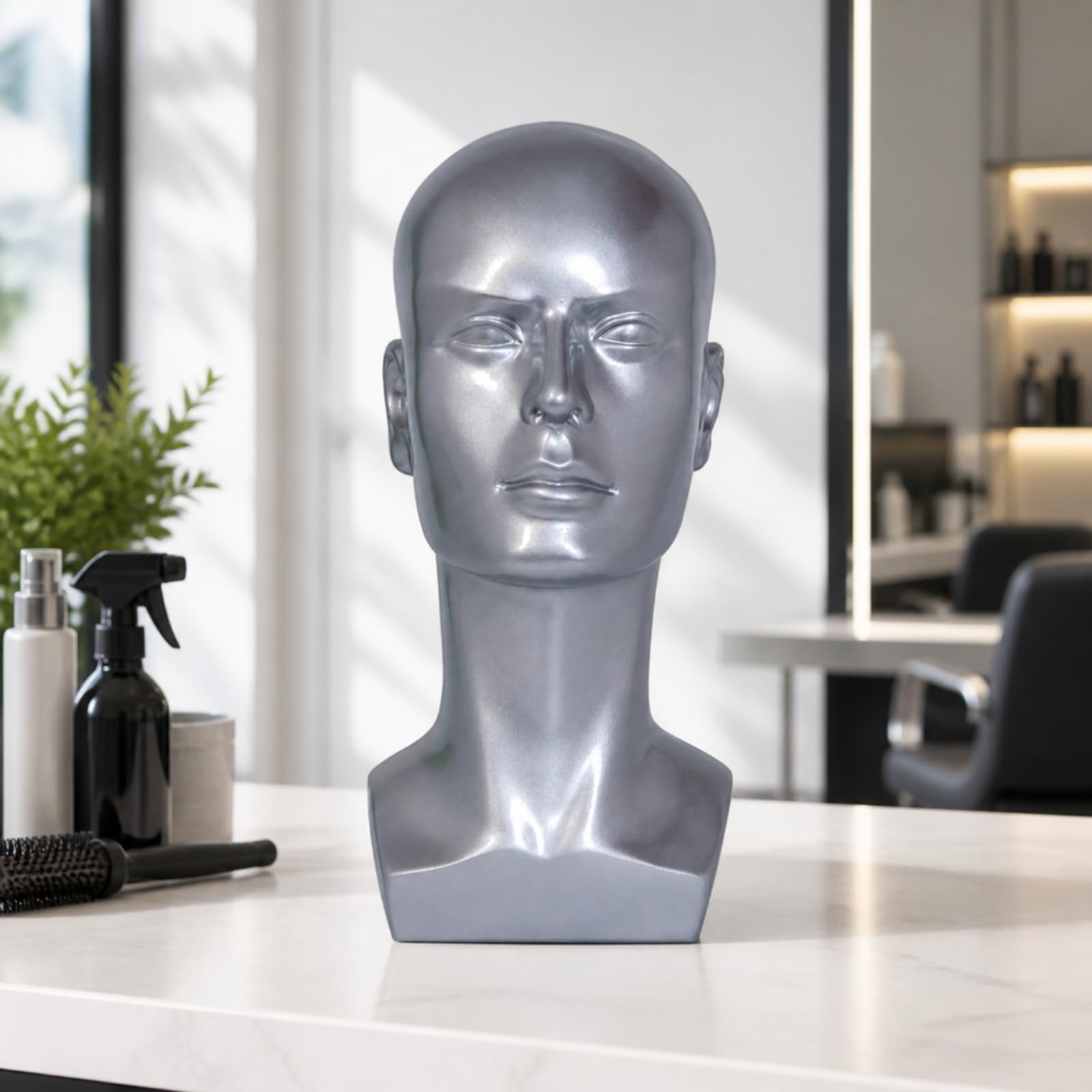 Testa di Manichino Maschile in PVC Neutro Testa Manichino Maschile Calva Realistico Busto Espositivo con Base Piatta per Costumi