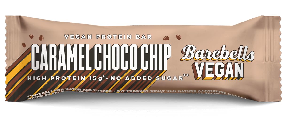 Barebells Vegan Caramel Choco Chip Protein Bar 55g – Plant-Based High Protein Snack, 15g Protein, No Added Sugar, Vegan Chocolate Chip Flavor