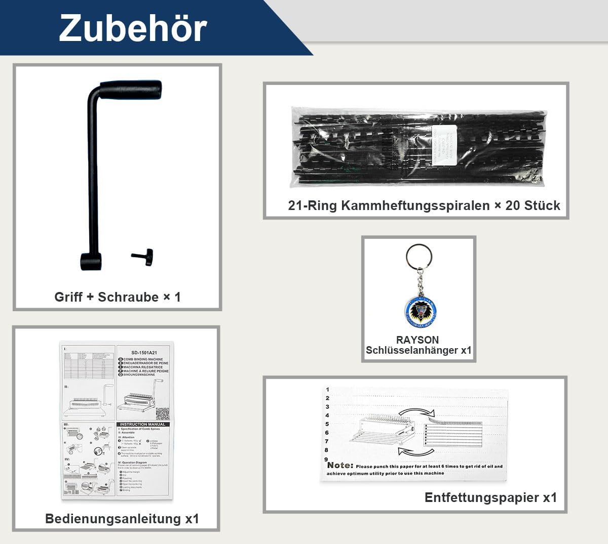 RAYSON Plastik-Bindekamm Bindegerät, 21 Löcher, Bindet 200 Blatt, SD-1501A21 | 21 herausnehmbare Stanzmesser, Robuste Metallkonstruktion