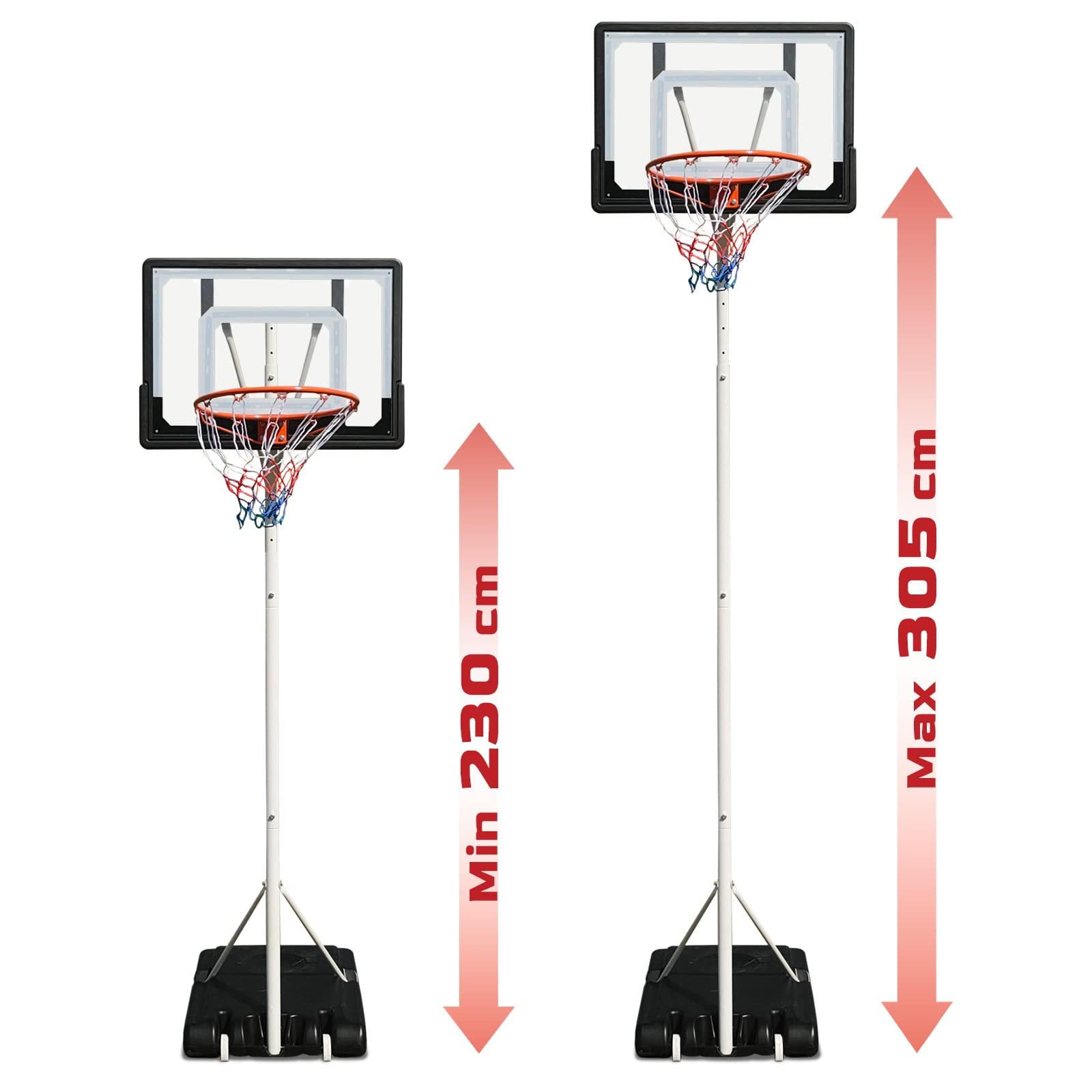 Basketballkorb Basketballständer Basketballanlage mit Ständer & Brett für Kinder, Jugendliche & Erwachsene, höhenverstellbare Korbhöhe 230 - 305cm, mobile Korbanlage mit Rollen für Indoor & Outdoor