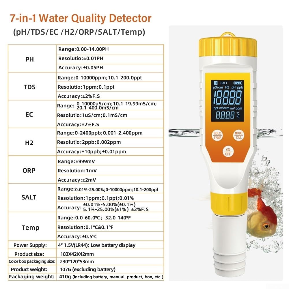 7-en-1 Medidor de salinidad de pH Orp del probador del agua del hidrógeno para el análisis de calidad del café del jugo del agua potable