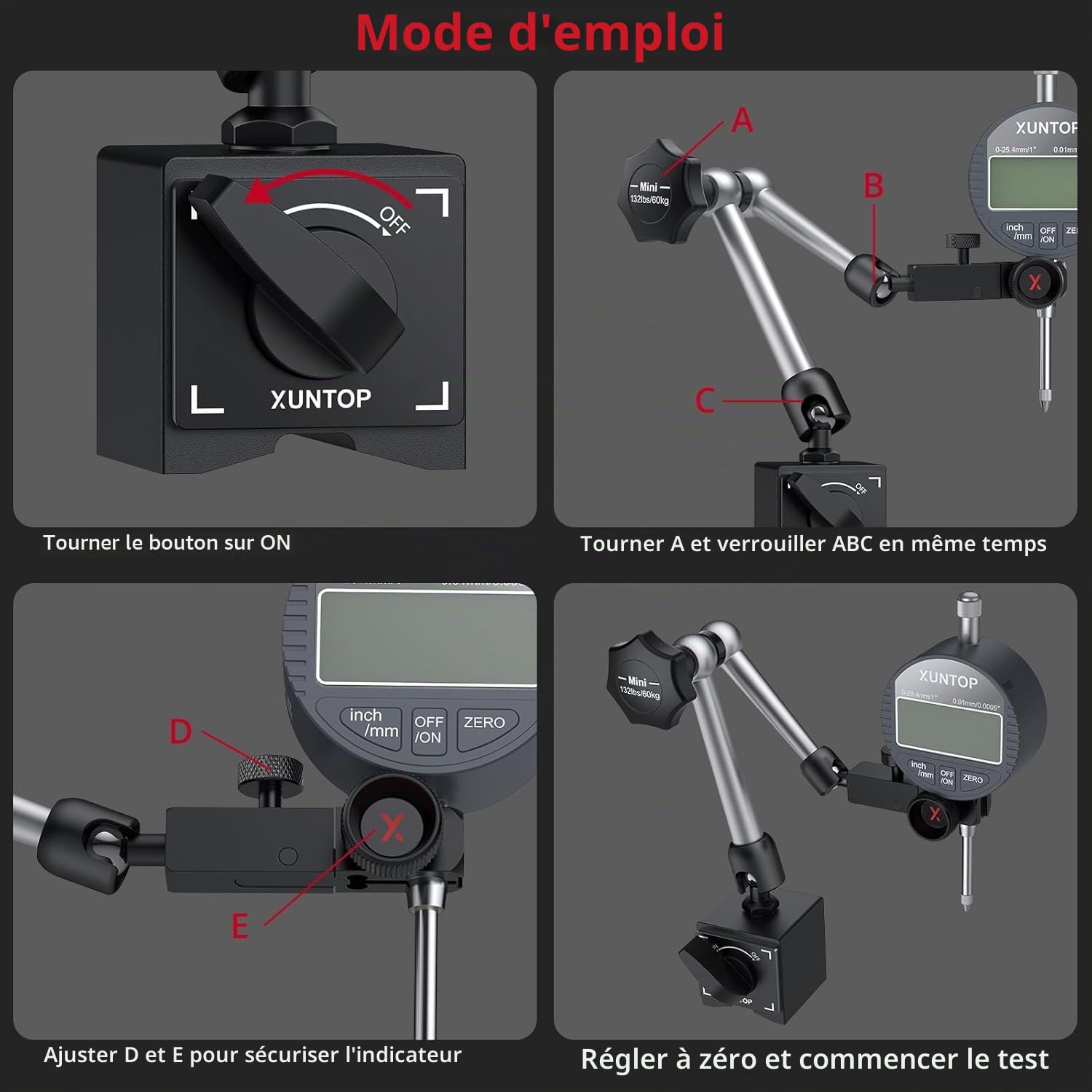 XUNTOP Comparateur Digital 0-25.4 mm avec Base Magnétique 60 kg Indicateur Numérique Haute Précision 0,01 mm Zéro Automatique Conversion mm/pouce Support Articulé pour CNC Tour Fraiseuse