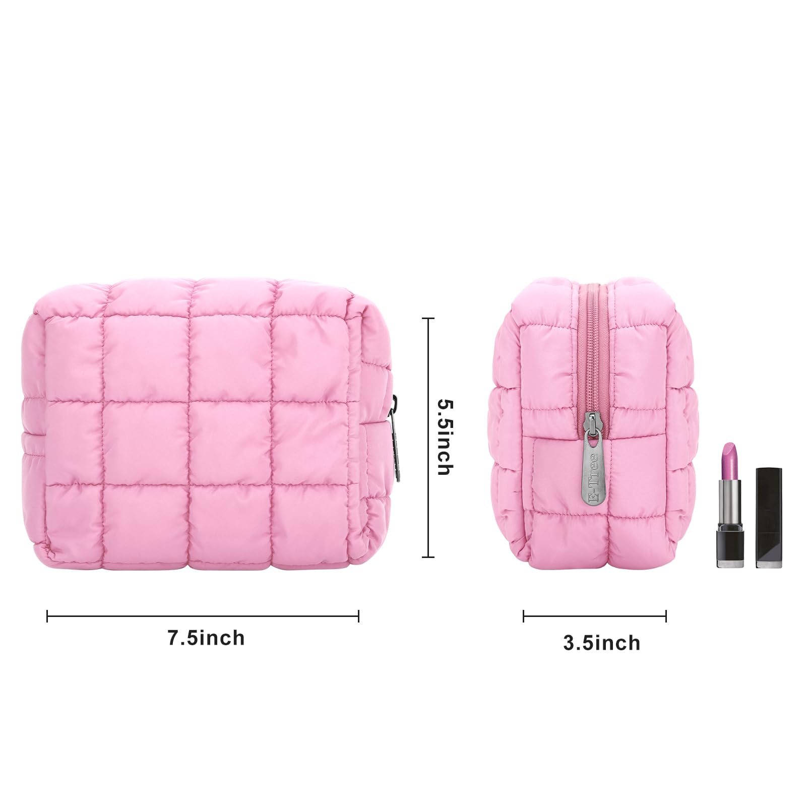 DOB SECHS Small Travel Makeup Bag Puffy Quilted Cotton Make Up Cosmetic Organizer Toiletry Bags Cute Zipper Pouch for Women Girls (CottonBag01-Pink) - Image 2