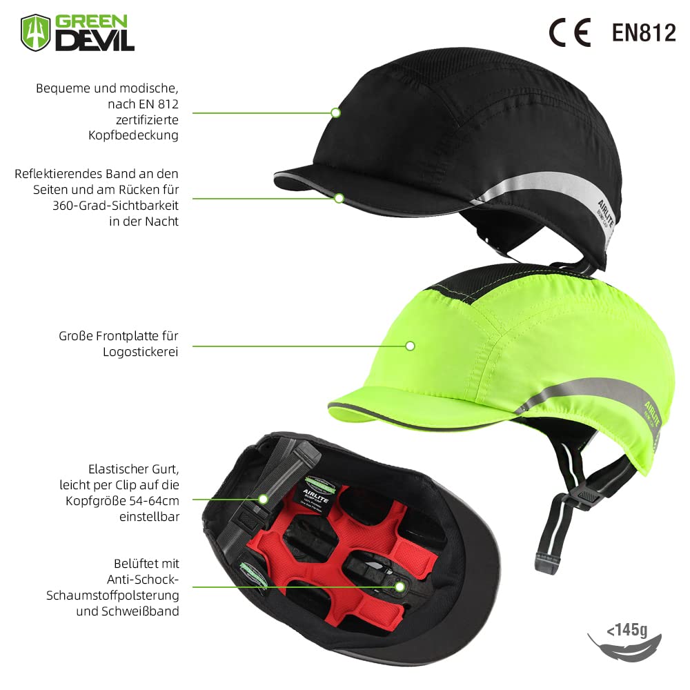 GREEN DEVIL Airlite Casquette De Sécurité Légère Respirante Style Baseball ABS Anti-Choc - Taille Unique