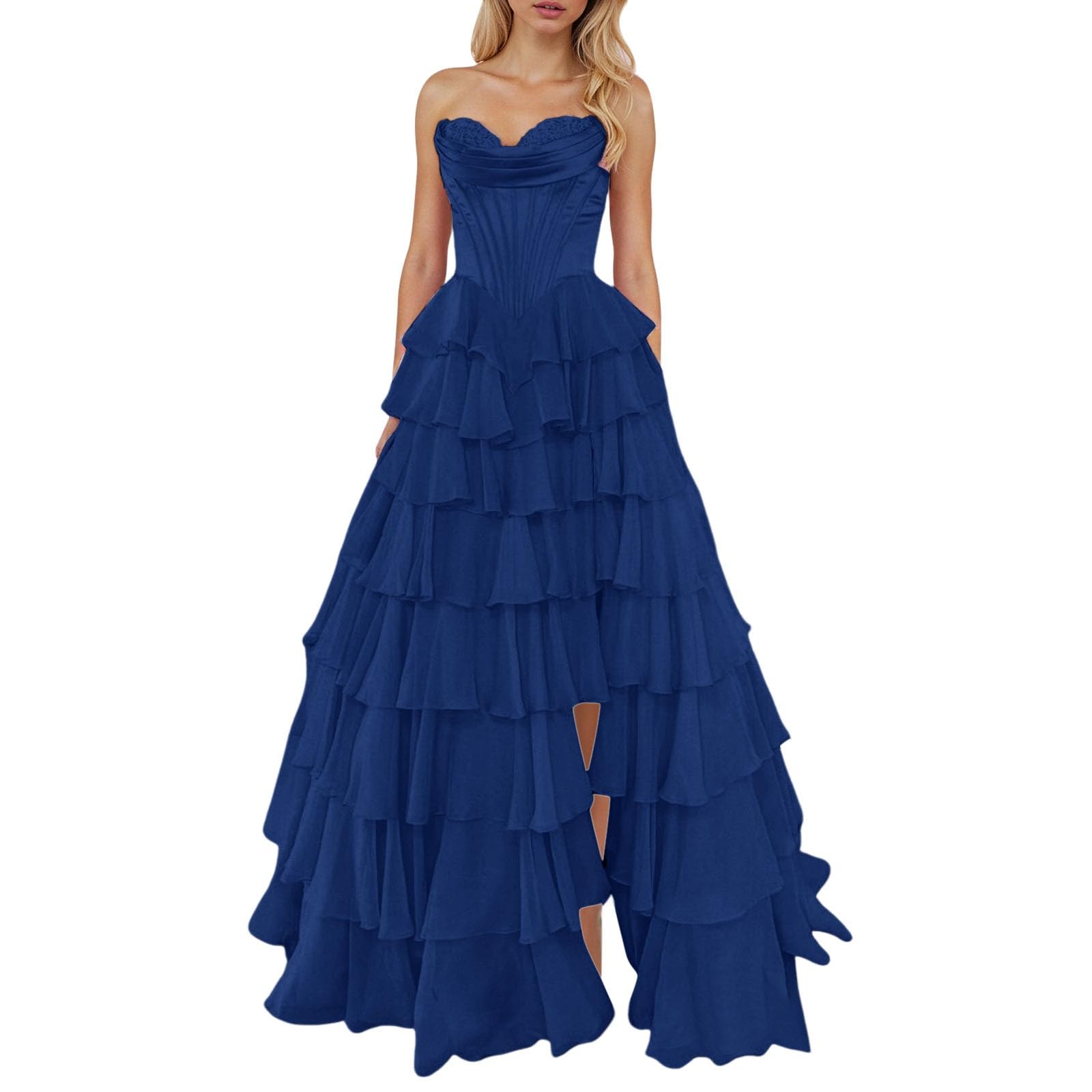 Vestido Largo de Gasa para Noche con Diseño de Corsé y Abertura Elegante sin Tirantes Corte A