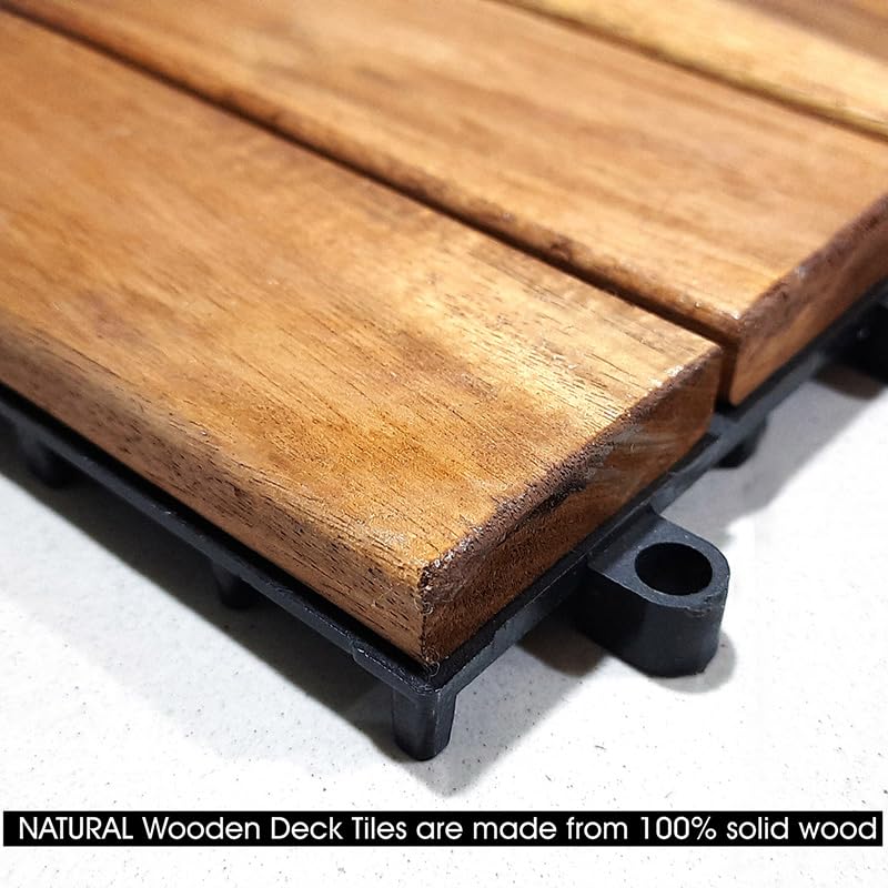 Image of Acacia Wooden Deck Tiles Wood Floor Decking Water Resistant Tile for Balcony, Terrace, Garden | Quick Flooring Solution for Indoor /Outdoor (Dark Brown - Pack of 6)