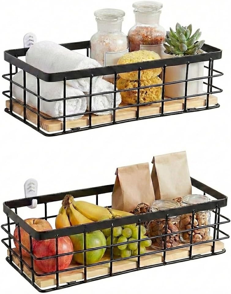 Wire Basket, Metal Basket, Metal Bathroom Storage Basket, Black Decorative Baskets, Household Wall Basket, Metal Removable Wooden Base for Kitchen, Pantry, Fruit Snacks (2 Pieces), 29 x 13 x 10 cm