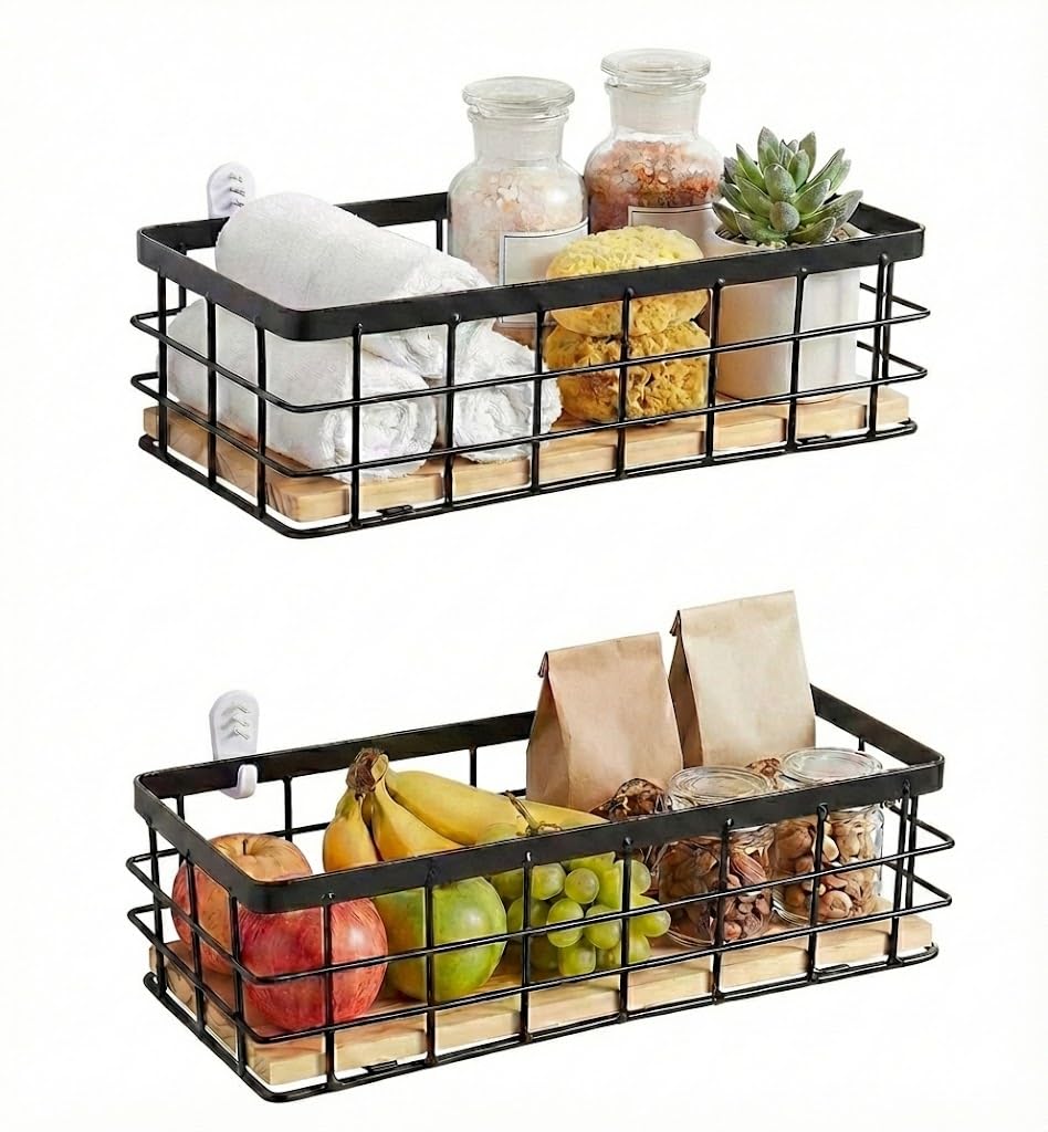 Panier métallique noir 29x13cm avec socle bois pour cuisine et bain