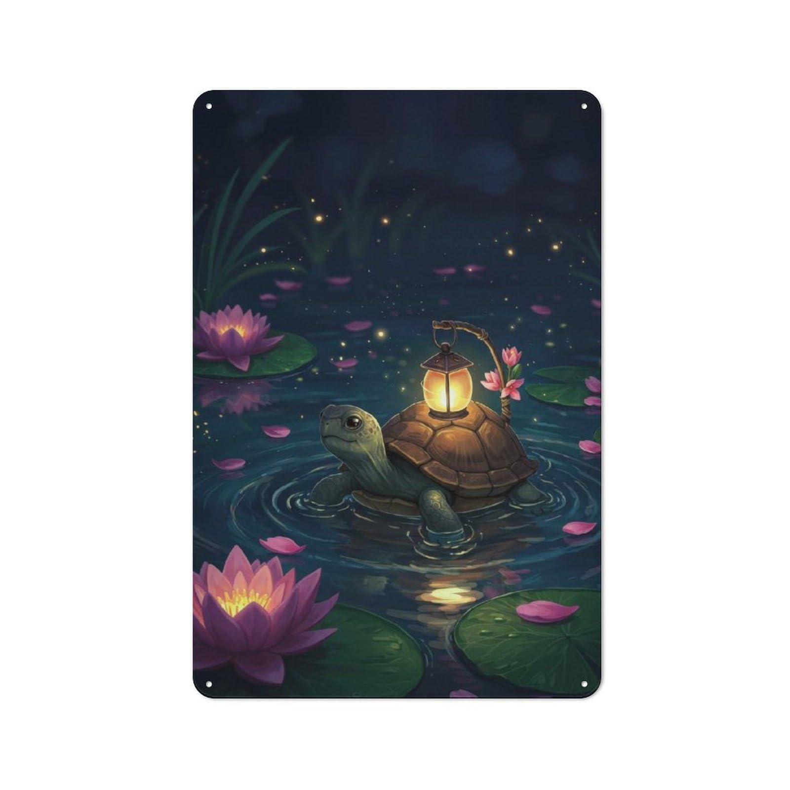 Metal Plaque 30x20cm with Turtle with Lantern in Lily Pond for Pub Or Café, Retro Decor, for Pub Decor Enthusiasts Refreshing A Room in Autumn