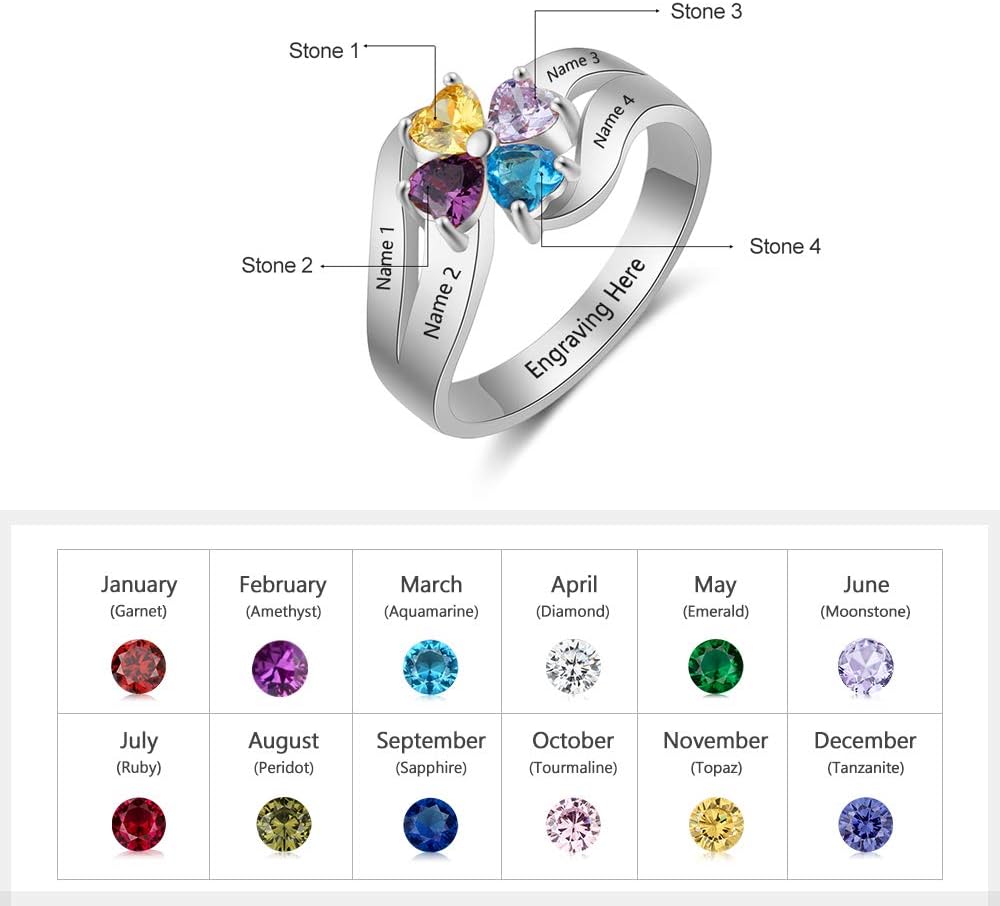 Lovejewelry Personalized Sterling Silver Mothers Rings with 4 Simulated Birthstones Engraved 4 Names Heart Rings for Women Customized Mom Family Rings