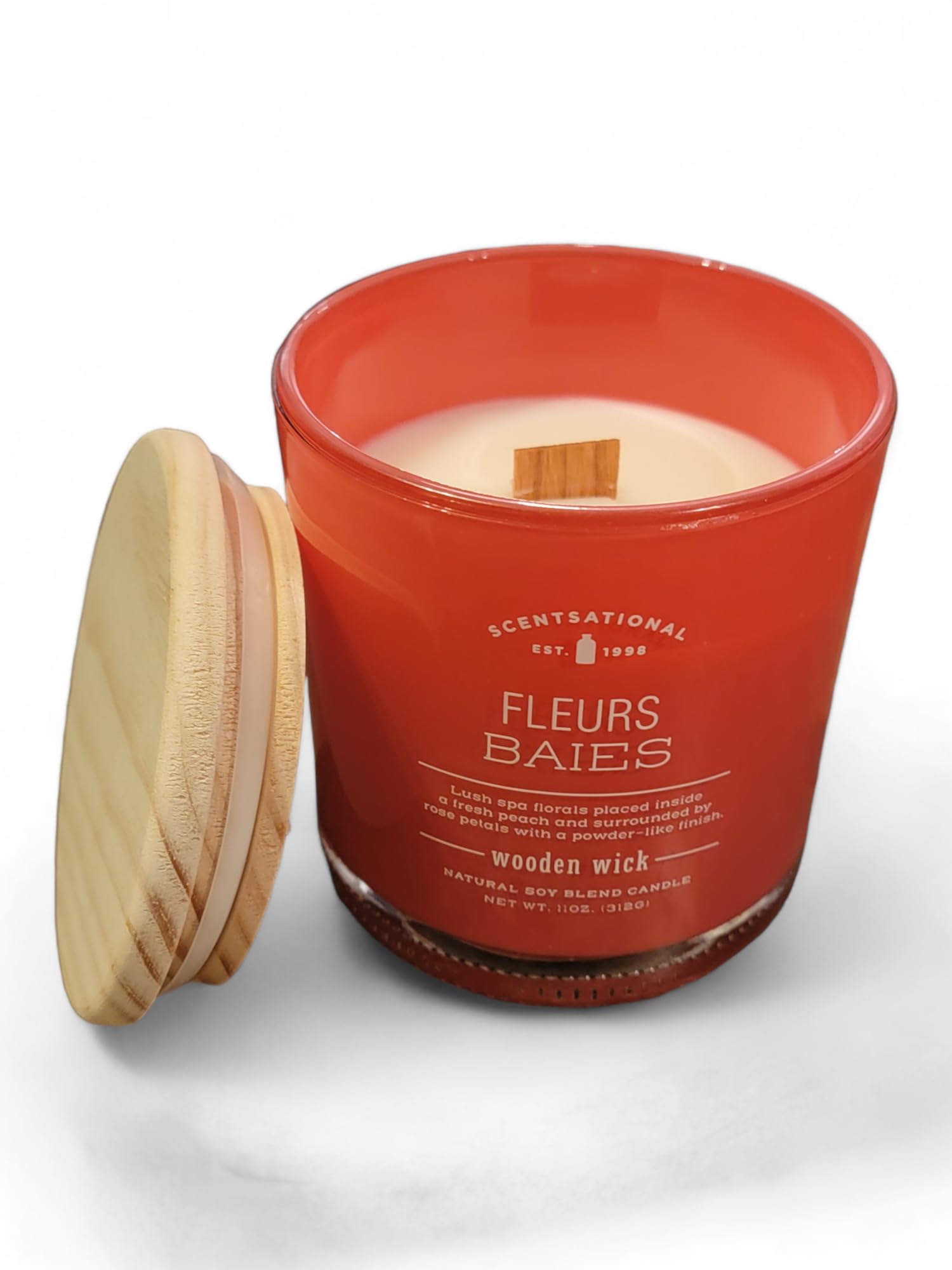 Generic Natural Soy Blend Candle, Fleurs Baies Scented Candle, Red Jar, Wooden Wick and Lid