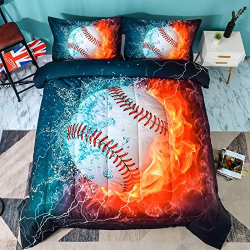 Andency 3D Baseball Comforter Twin(66x90 Inch), 2 Pieces(1 Baseball Comforter, 1 Pillowcase) Sport Microfiber Baseball Comforter Bedding Set for Boy Kids