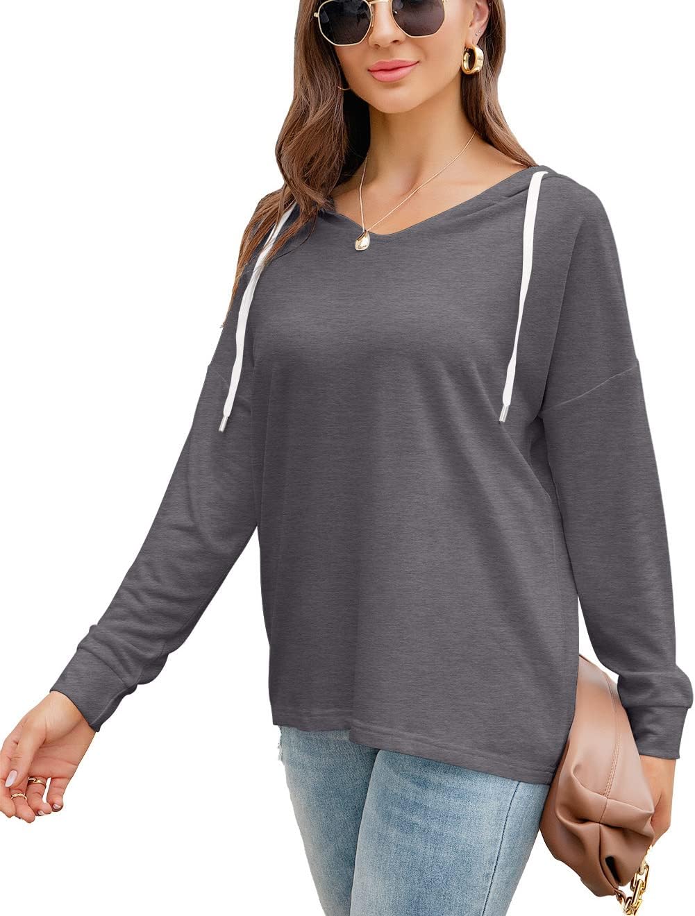 PCEAIIH Women's Casual Hoodies V Neck Long Sleeve Lightweight Pullover Tops Loose Sweatshirts