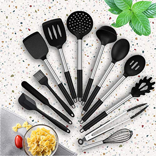 Kitchen Utensils Set, 24pcs Silicone Cooking Kitchen Utensils Set with Heat Resistant BPA-Free Silicone and Stainless Steel Handle Turner Spatula Spoon Tongs Whisk Measuring Cups Kitchen Tools Set